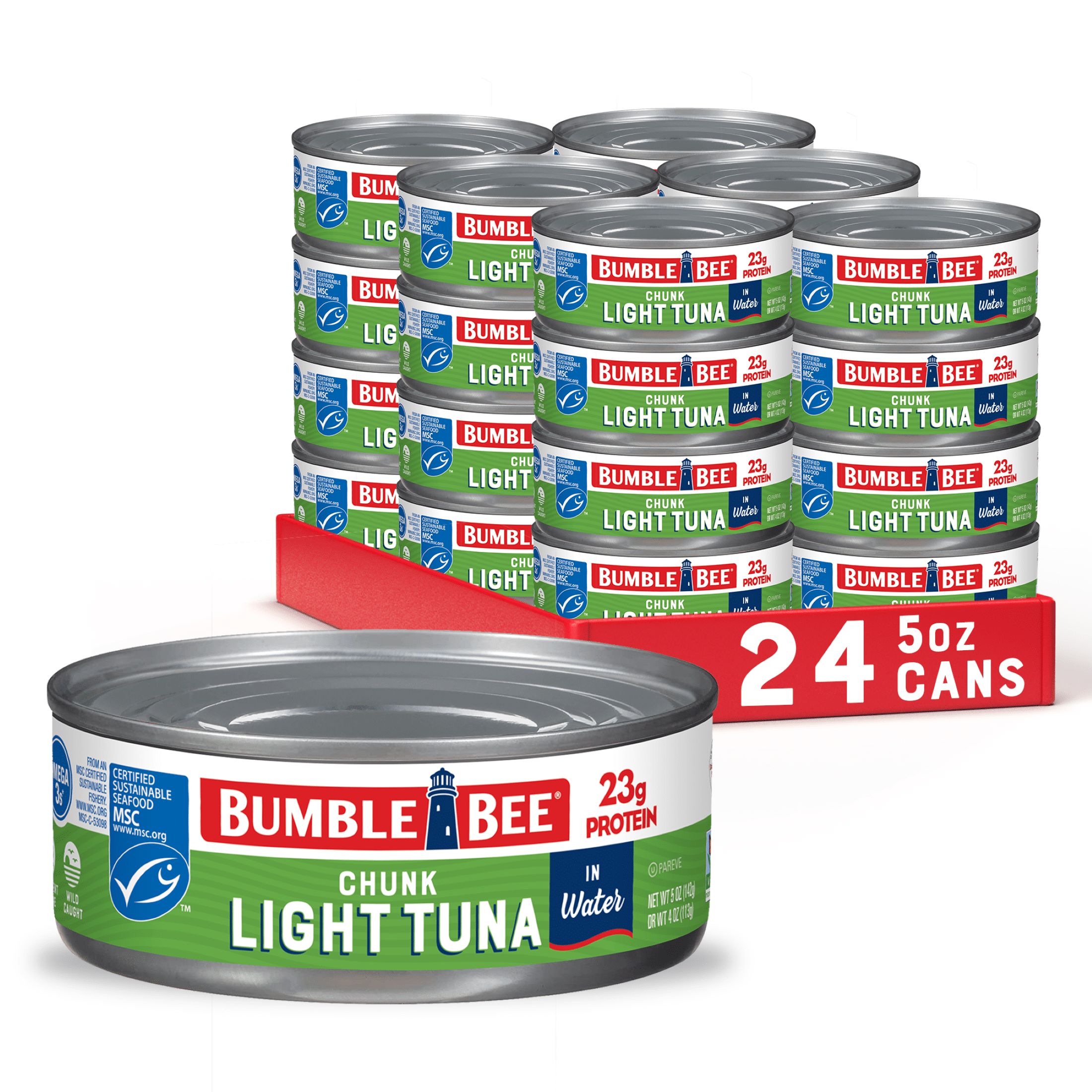 (24 pack) Bumble Bee Chunk Light Tuna in Water, Wild Caught Skipjack Tuna, Gluten Free, 23g Protein Per Serving, Non-GMO, Shelf Stable Can, 5 oz