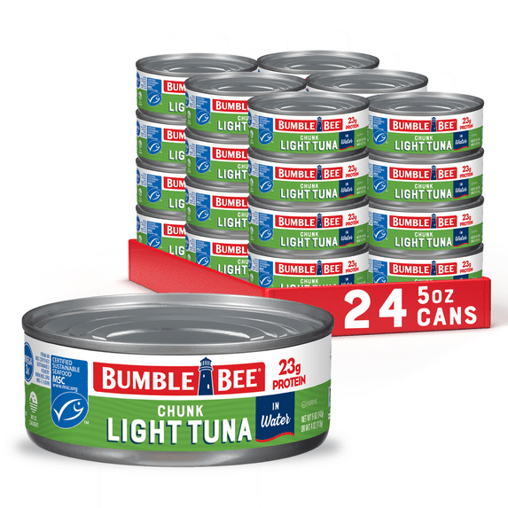 (24 pack) Bumble Bee Chunk Light Tuna in Water, Wild Caught Skipjack Tuna, Gluten Free, 23g Protein Per Serving, Non-GMO, Shelf Stable Can, 5 oz