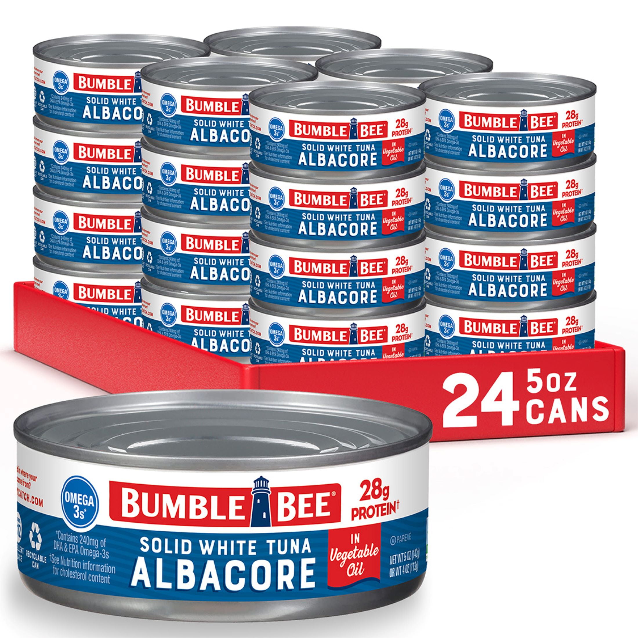 (24 pack) Bumble Bee Solid White Albacore Tuna in Oil, Wild Caught, Gluten Free, 28g Protein per Serving, Ready to Eat, Shelf Stable Can, 5 oz