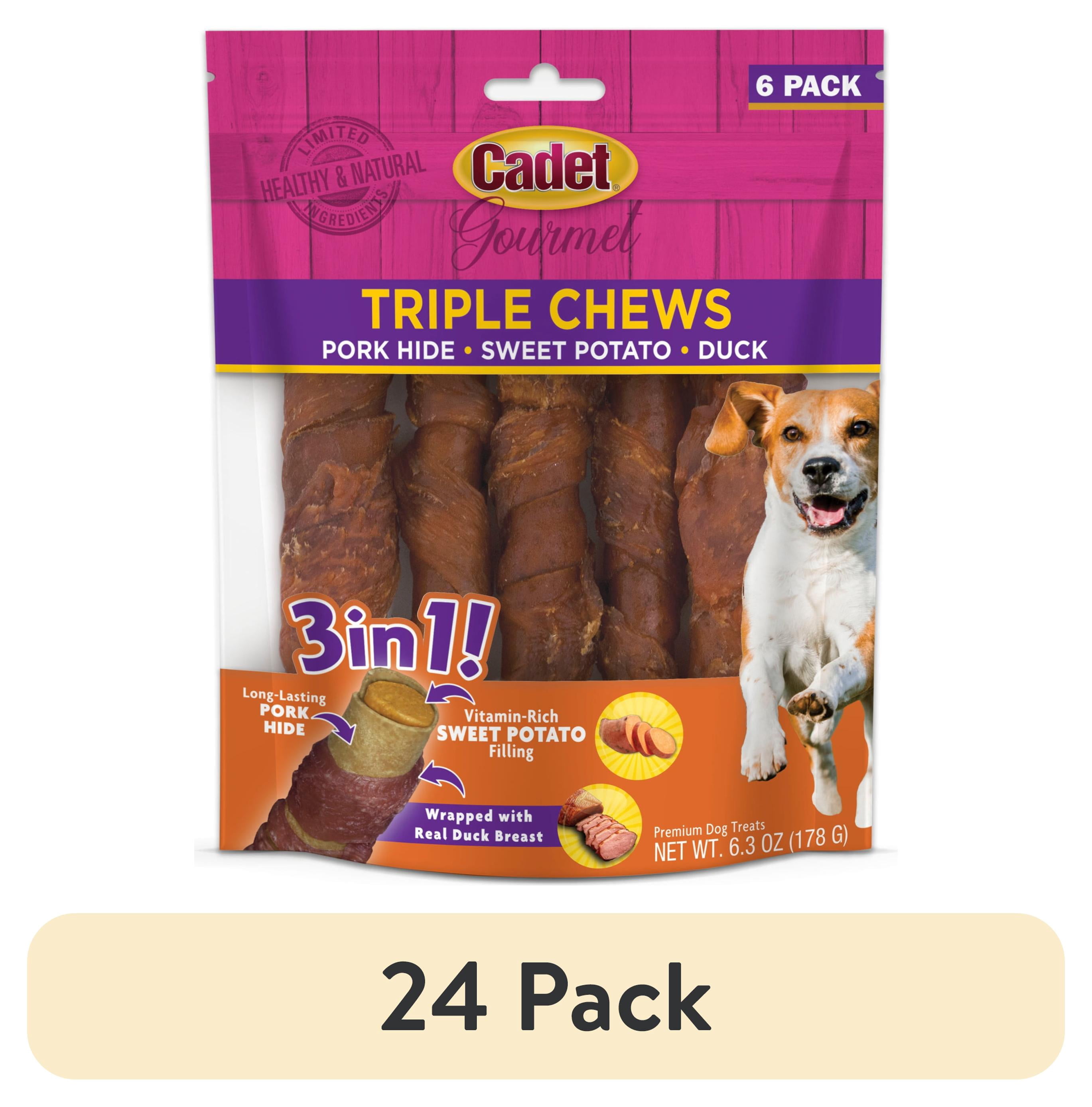 (24 pack) Cadet Gourmet Dog Treats Triple Chew Pork Hide Twists Dog Chews, Sweet Potato & Duck Flavor, 6 Count