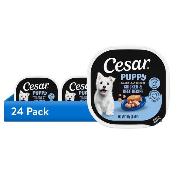 (24 pack) Cesar Classic Loaf In Sauce Chicken And Beef Recipe Wet Dog Food For Puppies, 3.5 Oz Tray