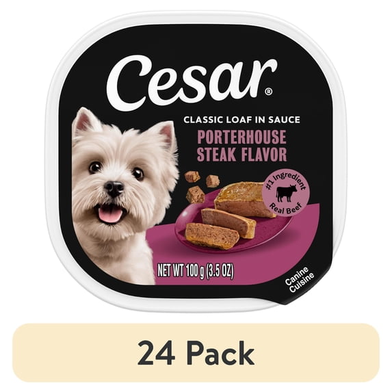 (24 pack) Cesar Classic Loaf in Sauce Wet Dog Food Porterhouse Steak Flavor, 3.5 oz. Easy Peel Tray, 24 Count