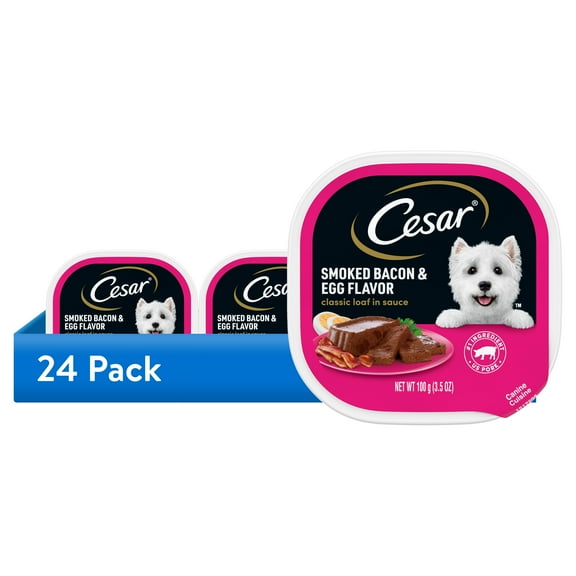 (24 pack) Cesar Classic Loaf In Sauce Smoked Bacon And Egg Wet Dog Food, 3.5 Oz Tray