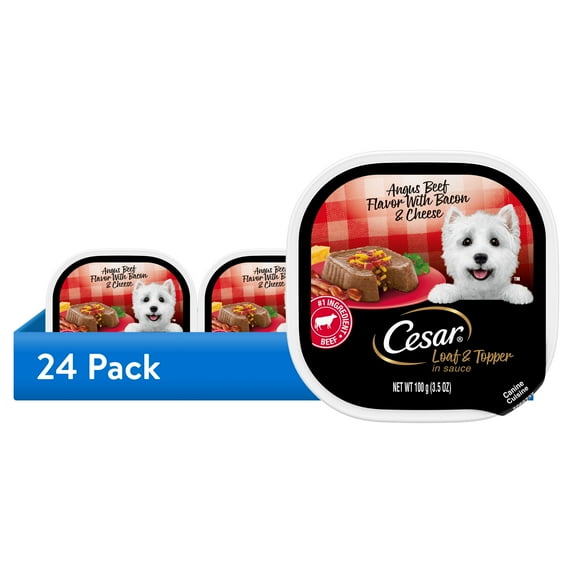 (24 pack) Cesar Loaf And Topper Angus Beef With Bacon And Cheese Wet Dog Food, 3.5 Oz Tray