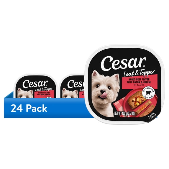 (24 pack) Cesar Loaf & Topper Angus Beef Flavor With Bacon & Cheese Wet Dog Food, 3.5 Oz Tray