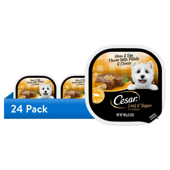 (24 pack) Cesar Loaf And Topper In Sauce Ham And Egg Wet Dog Food, 3.5 Oz Tray