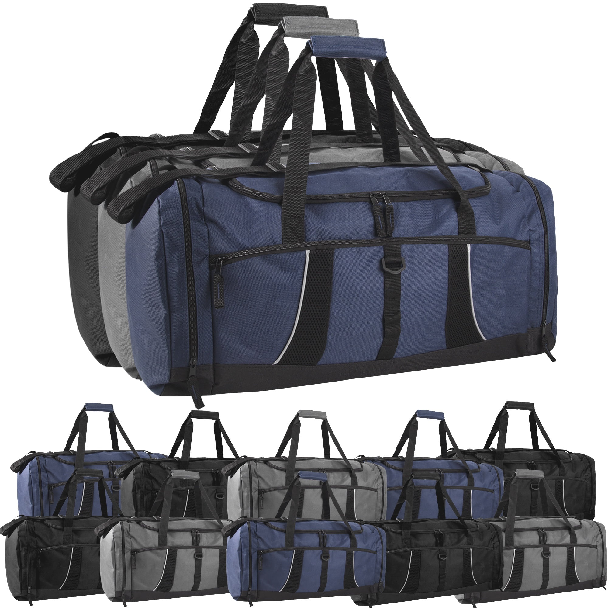 24 pack Extra Large 26 Inch 79 Liter Duffel Bags 48 Inch Shoulder Strap, Reflective Piping for Travel, Gym, Sports, Track, Field in Assorted Colors