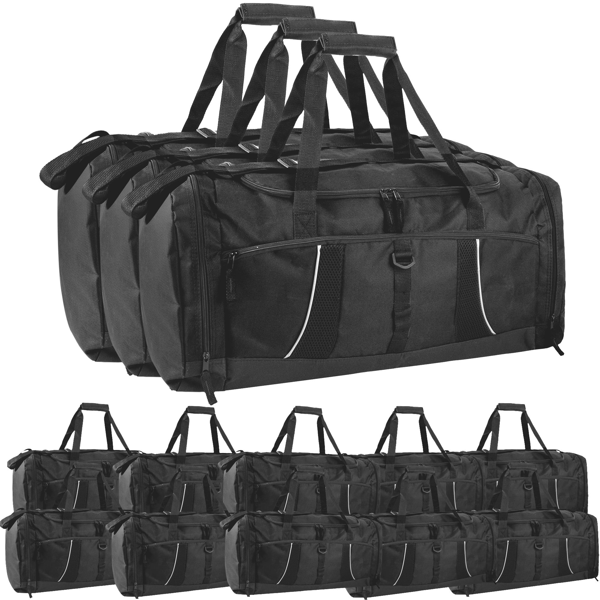 24 pack Extra Large 26 Inch 79 Liter Duffel Bags 48 Inch Shoulder Strap, Reflective Piping for Travel, Gym, Sports, Track, Field in Black