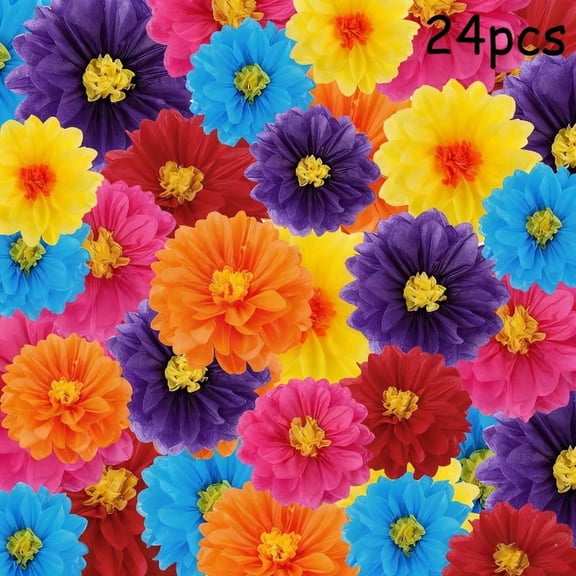 24 pack Fiesta Tissue Paper Pom Poms Decorations, Colorful Hanging Paper Flowers in 3 Sizes, Handmade Mexican Party Decor for Wedding Reception Birthday Celebration Cinco De Mayo Home Centerpieces