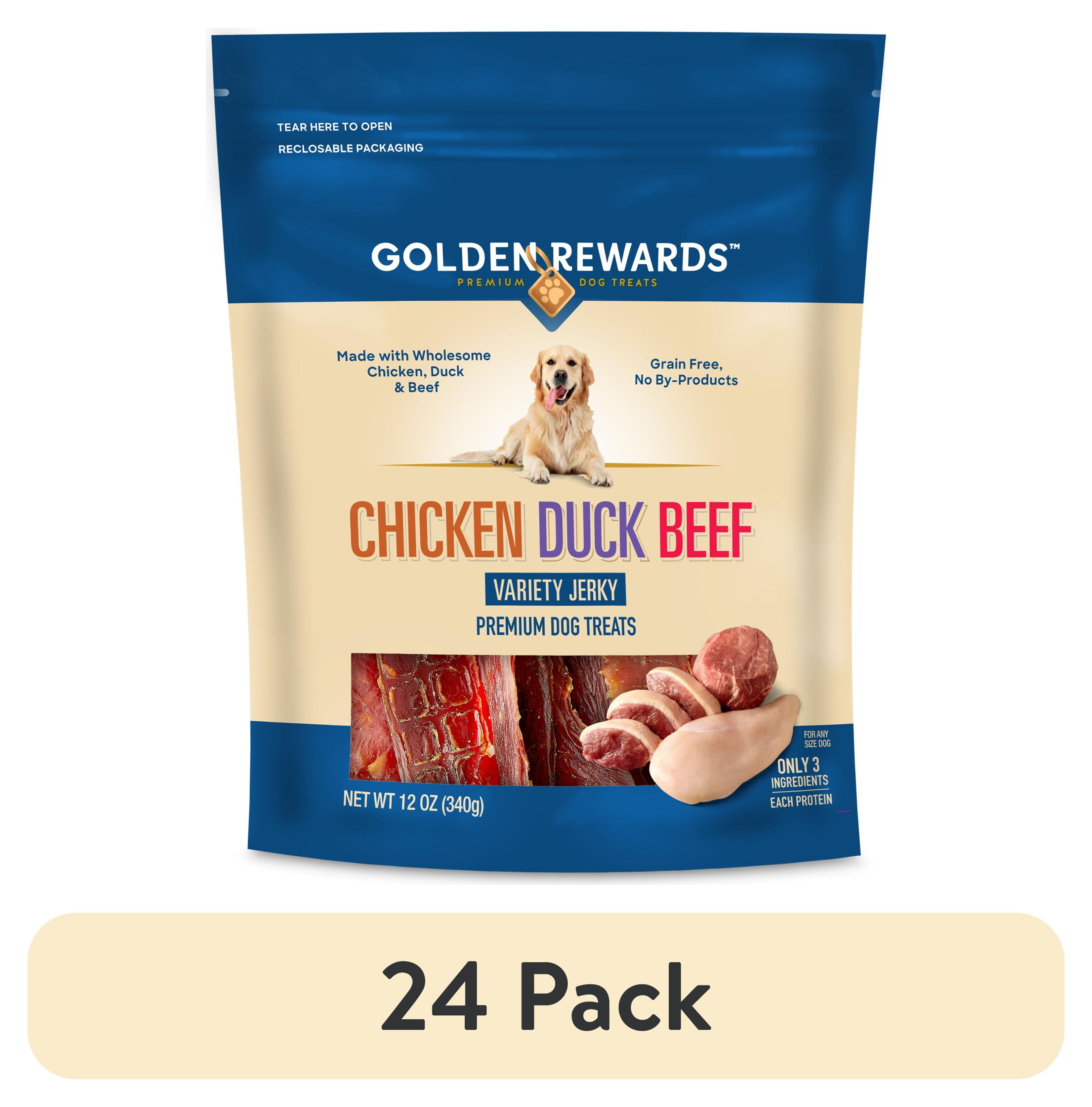 (24 pack) Golden Rewards Chicken, Duck and Beef Premium Variety Dry Jerky Treats for Dogs, 12 oz Bag