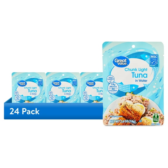 (24 pack) Great Value Chunk Light Tuna in Water, 2.6 oz Pouch
