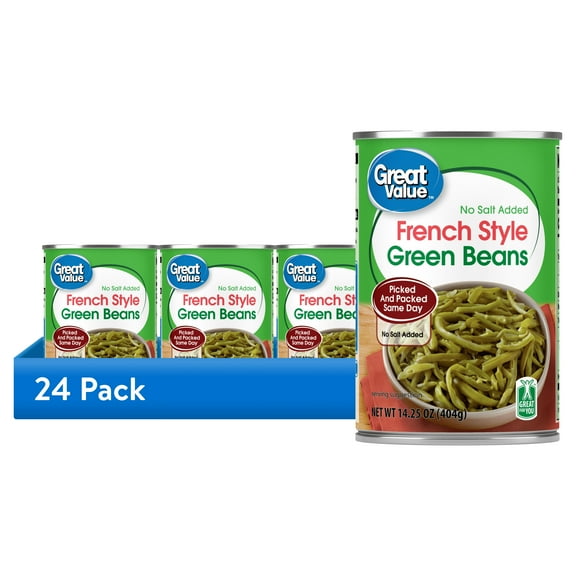 (24 pack) Great Value French Style Green Beans, No Salt Added, Gluten-Free, 14.25 oz