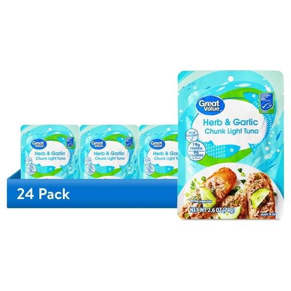(24 pack) Great Value Herb and Garlic Chunk Light Tuna, 2.6 oz Pouch