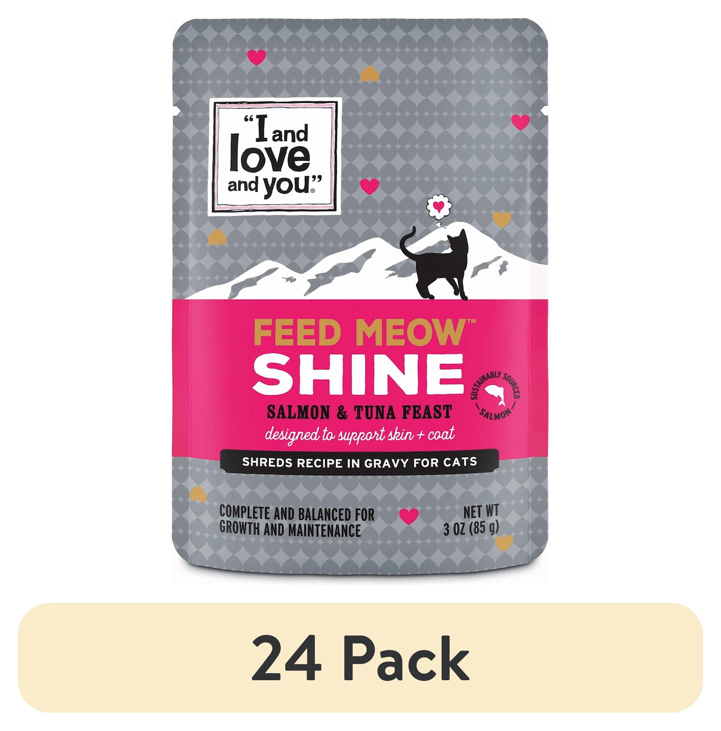 (24 pack) "I and love and you" Feed Meow Wet Cat Food Toppers, Shine Formula with Salmon and Tuna, Omegas 3 and 6 for Healthy Skin and Coat, Grain Free, No Fillers, 3oz Pouches, Pack of 12 Pouches