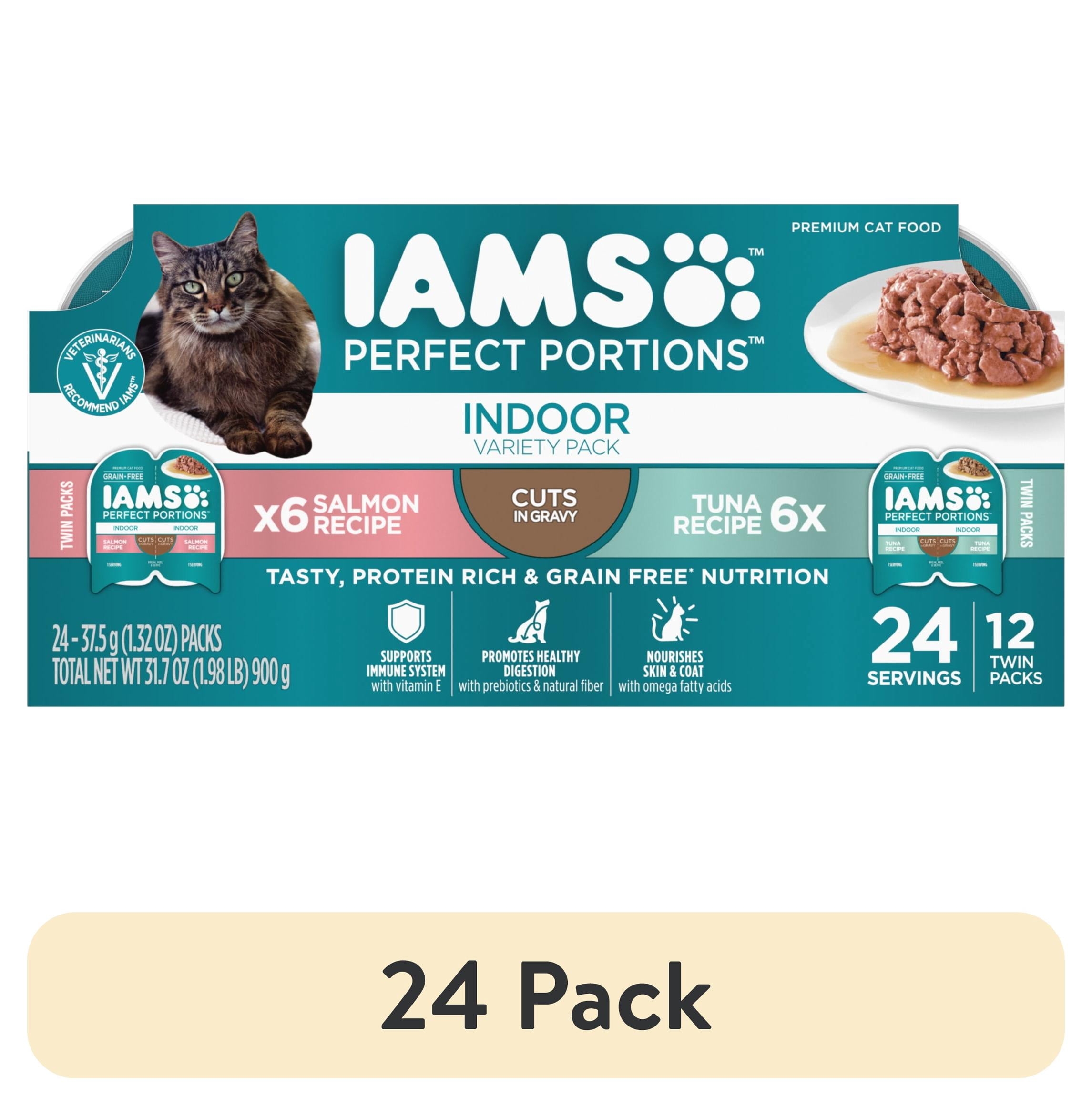 (24 pack) Iams Perfect Portions Indoor Grain Free Wet Cat Food Cuts in Gravy Variety Pack Tuna Recipe Salmon Recipe 2.6 oz Twin Pack Trays