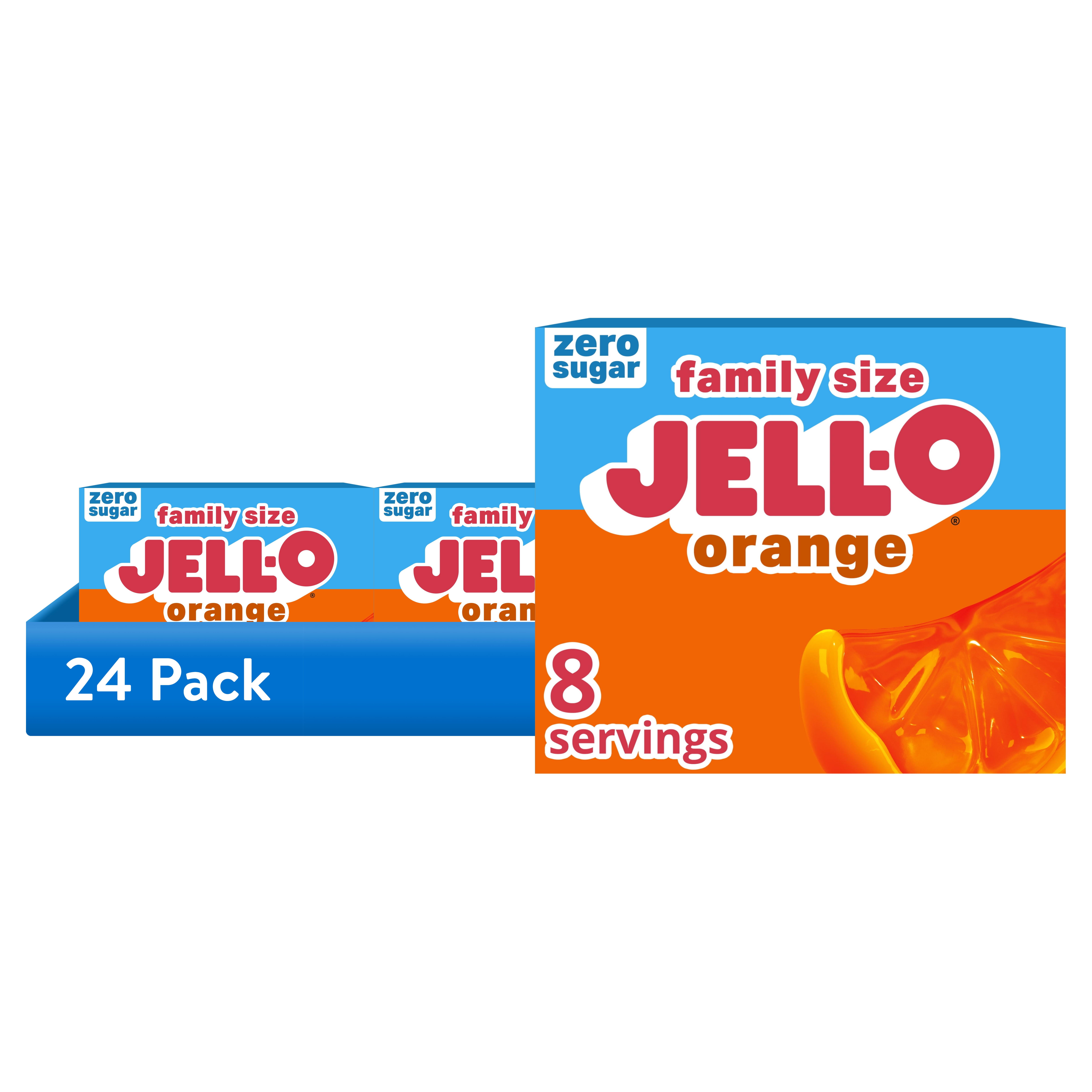 (24 pack) Jell-O Orange Zero Sugar Low Calorie Gelatin Dessert Mix, Family Size, 0.6 oz Box