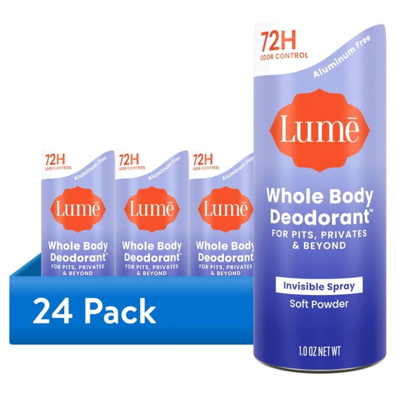(24 pack) Lume Whole Body Women’s Deodorant - Trial Size Spray Deodorant - Aluminum Free - Soft Powder - 1.0oz