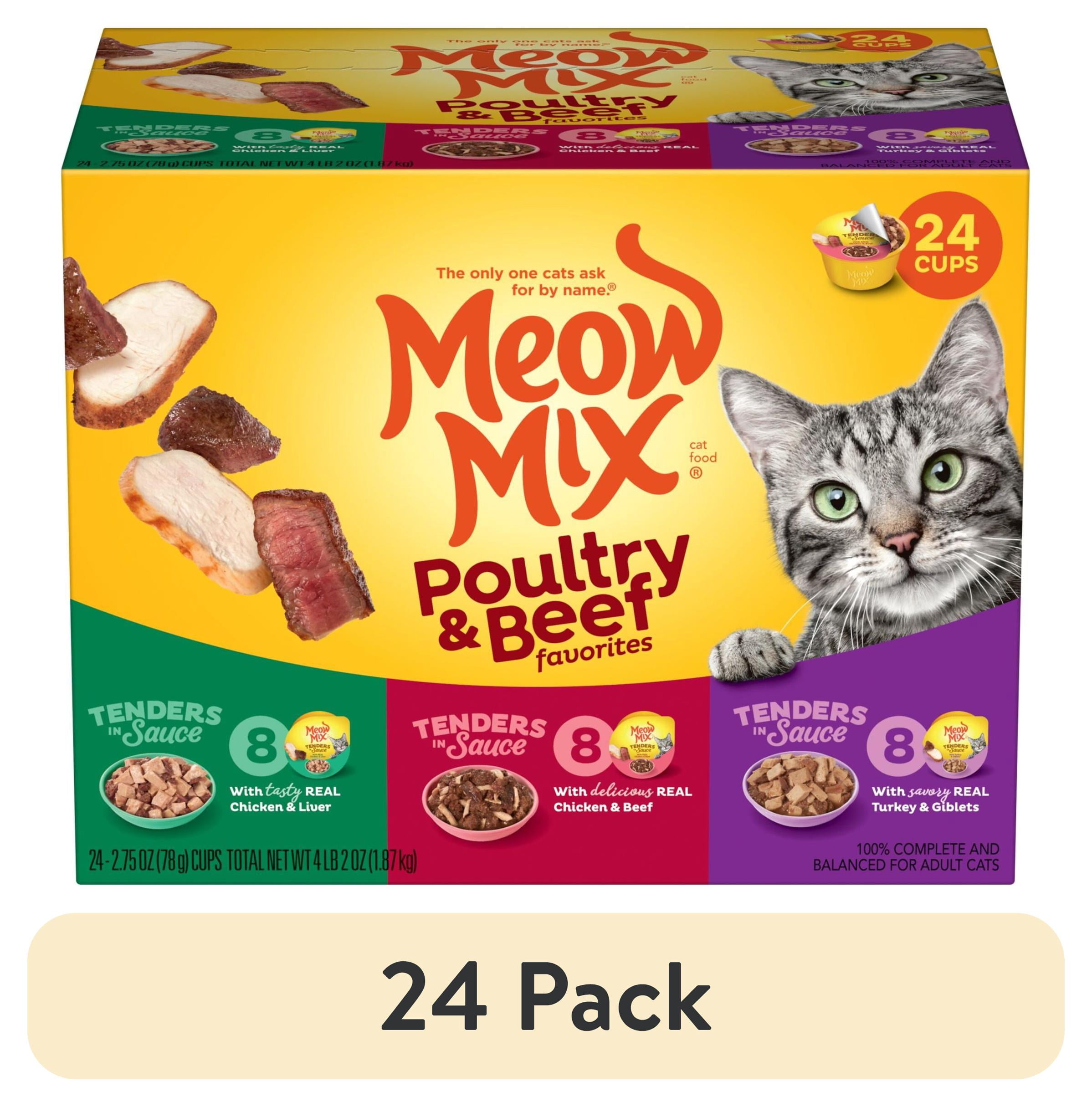 (24 pack) Meow Mix Tenders in Sauce Wet Cat Food Variety Pack With Poultry & Beef Favorites, 24 Cups, 2.75 oz Each