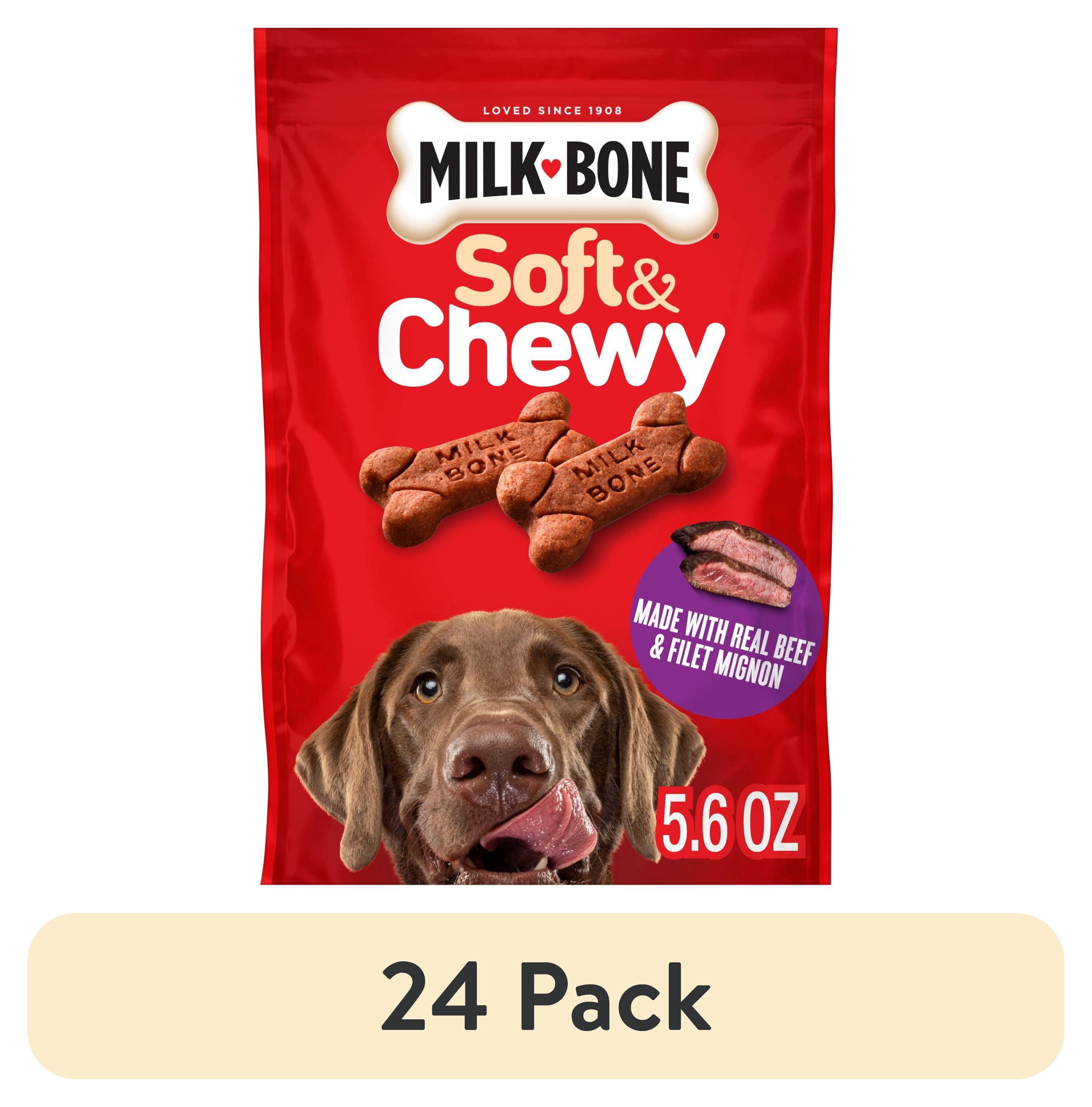 (24 pack) Milk Bone Soft & Chewy Dog Treats, Made with Real Beef & Filet Mignon, 5.6 oz Pouch