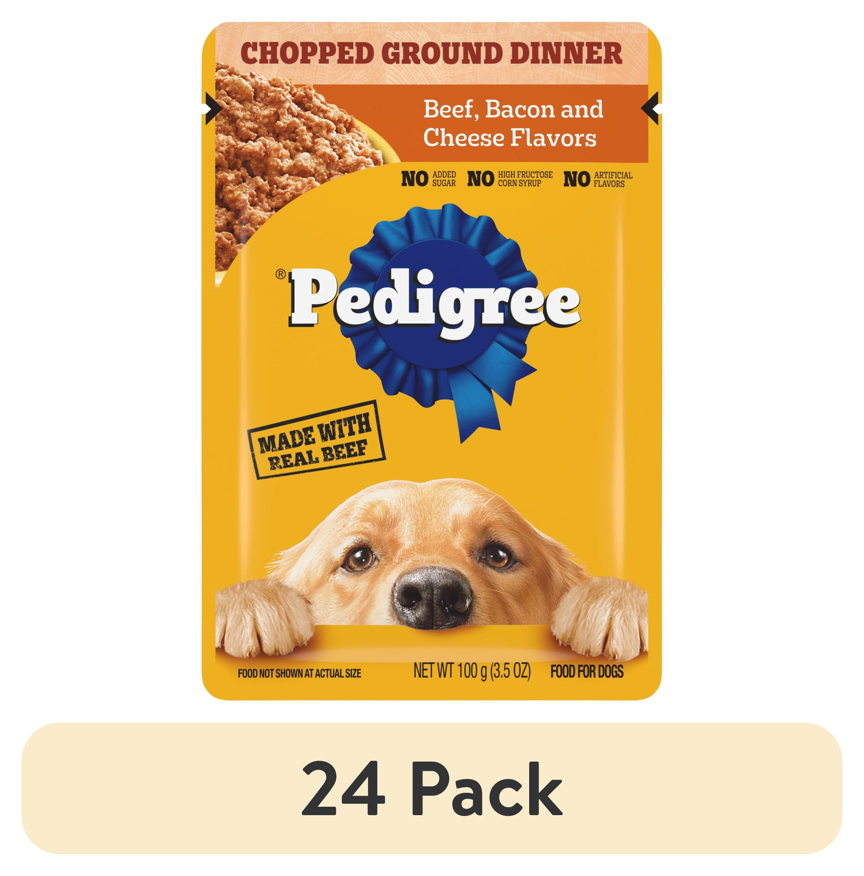 (24 pack) Pedigree Chopped Ground Dinner Beef, Bacon & Cheese Flavors Adult Soft Wet Dog Food, (16) 3.5 Oz Pouches