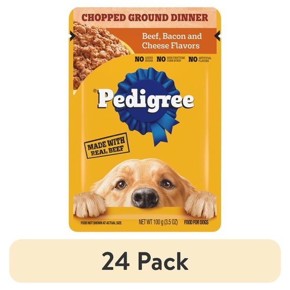 (24 pack) Pedigree Chopped Ground Dinner Beef, Bacon & Cheese Flavors Adult Soft Wet Dog Food, (16) 3.5 Oz Pouches