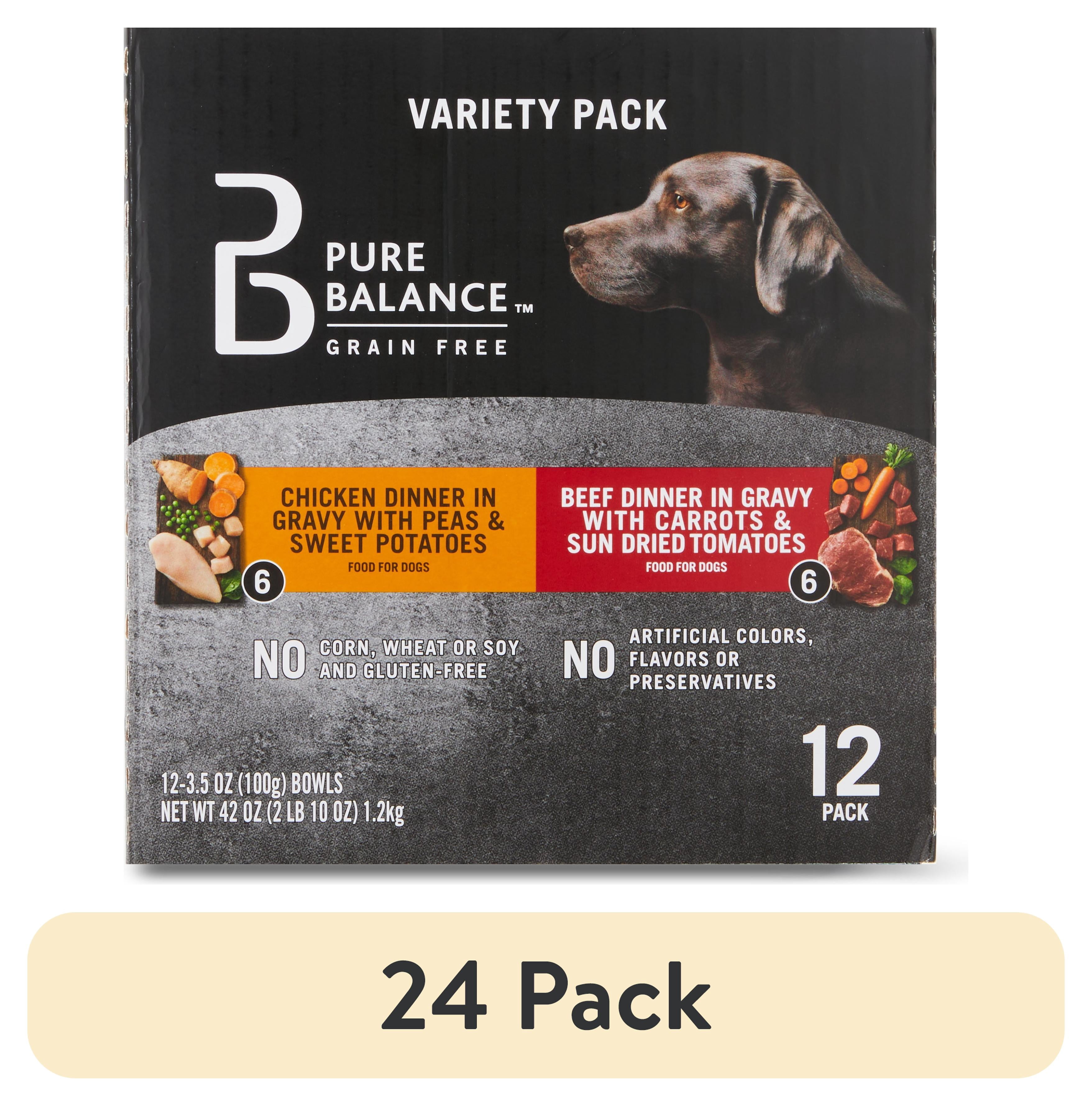 (24 pack) Pure Balance Grain Free Chicken Dinner in Gravy & Beef Dinner in Gravy Wet Dog Food Variety Pack, 3.5 oz, 12 Pack