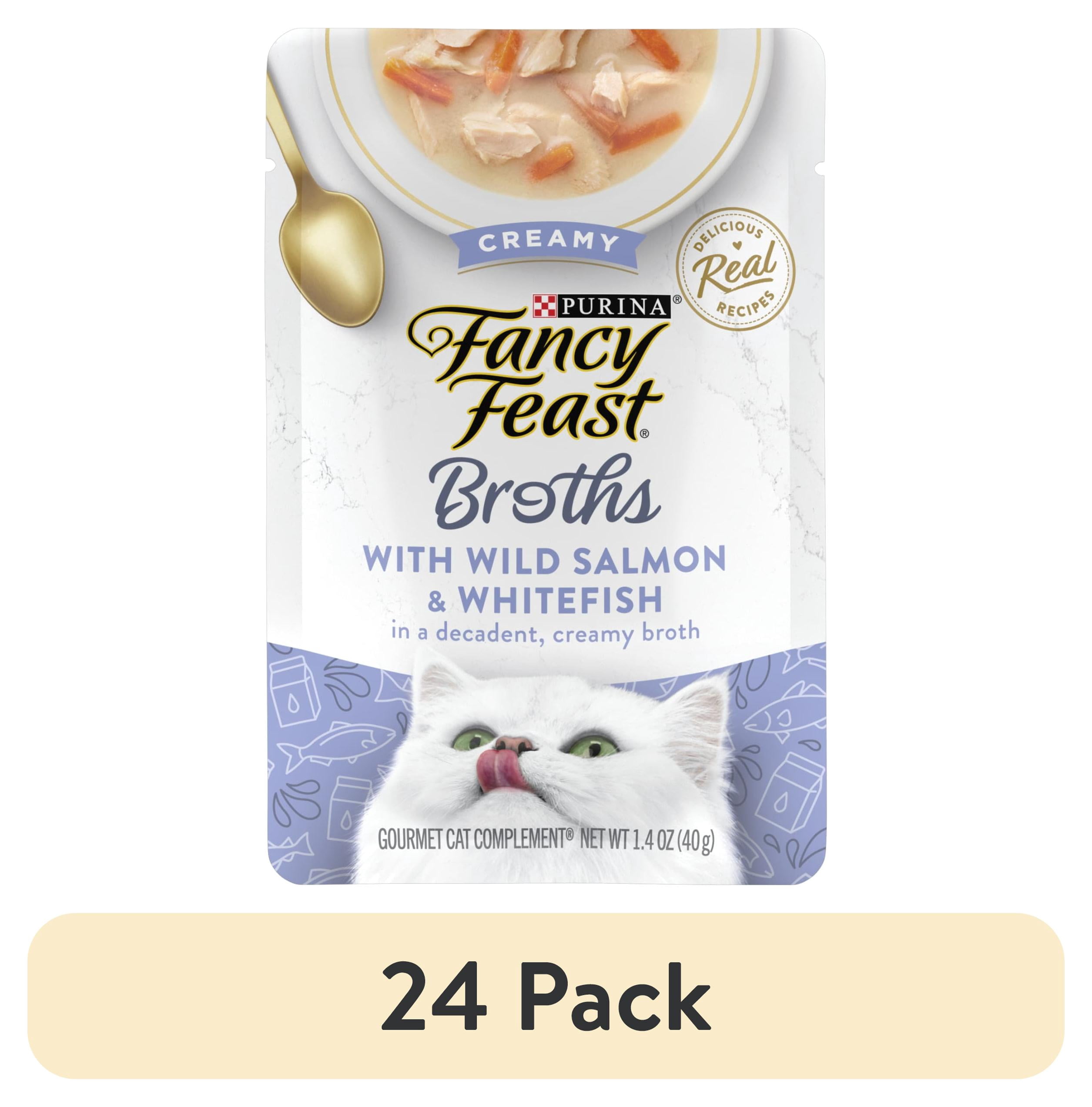 (24 pack) Purina Fancy Feast Broths, Wet Cat Food, Salmon & Whitefish, 1.4 oz Pouch