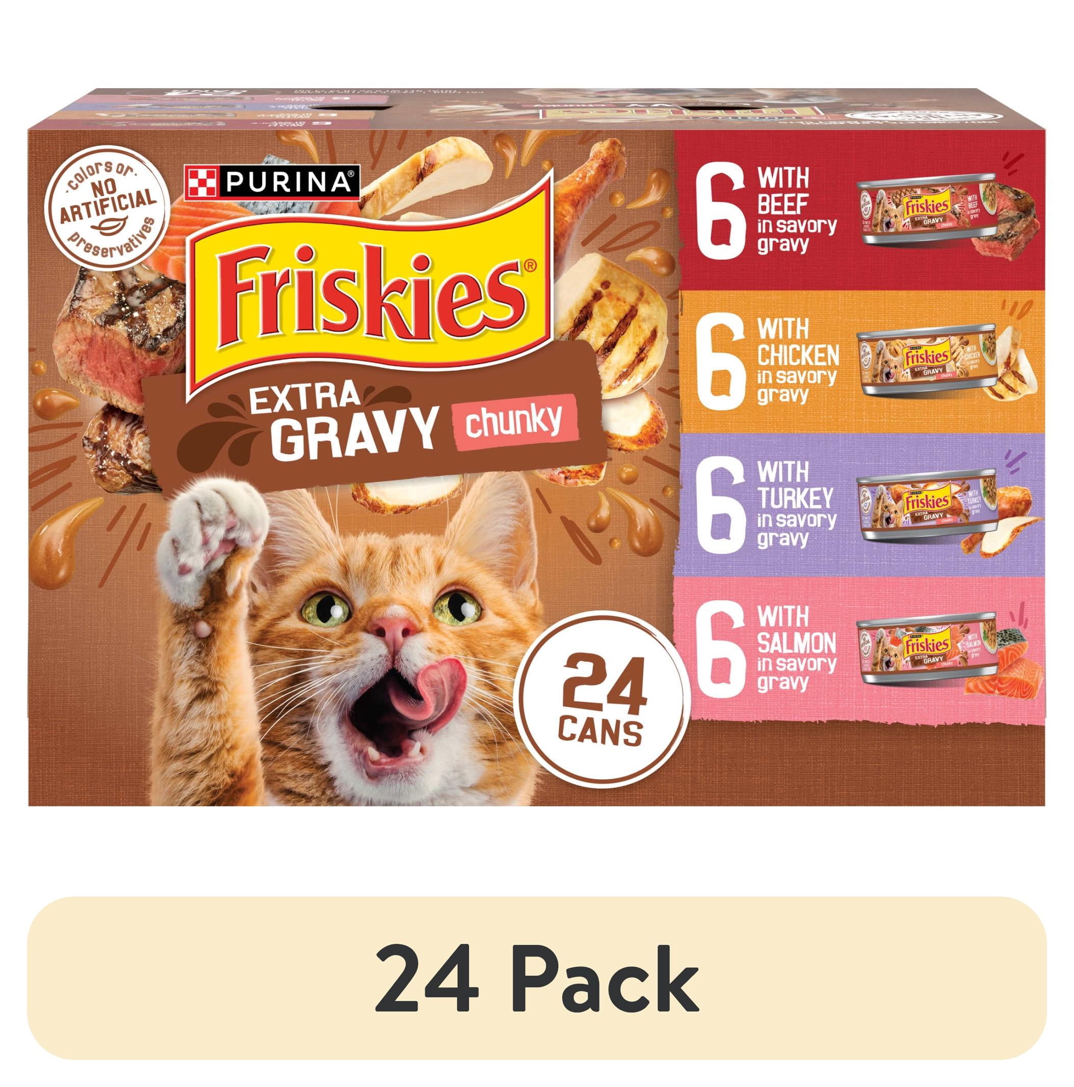 (24 pack) Purina Friskies Extra Gravy Beef, Chicken, Turkey, & Salmon Chunky Wet Cat Food Variety Pack, 5.5 oz Cans (24 Pack)