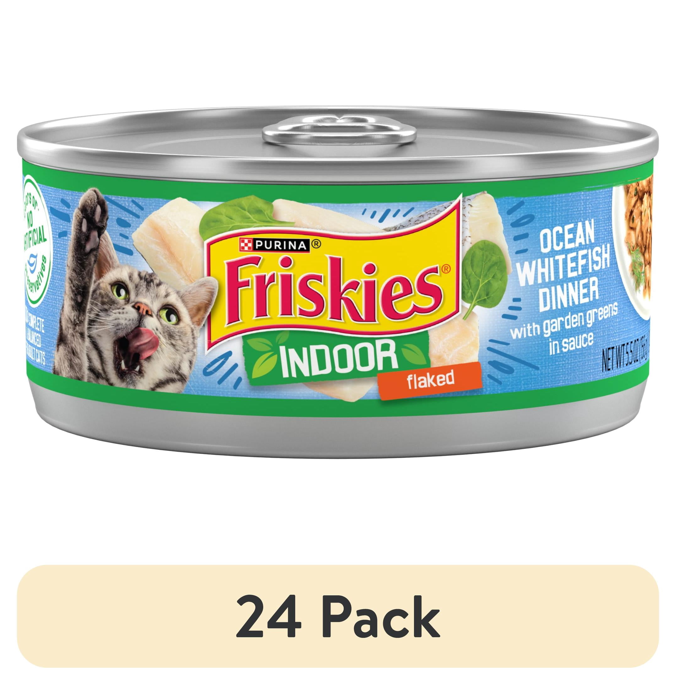 (24 pack) Purina Friskies Indoor, Flaked Ocean Whitefish Dinner, Wet Cat Food, 5.5 oz Can, 24 Pack
