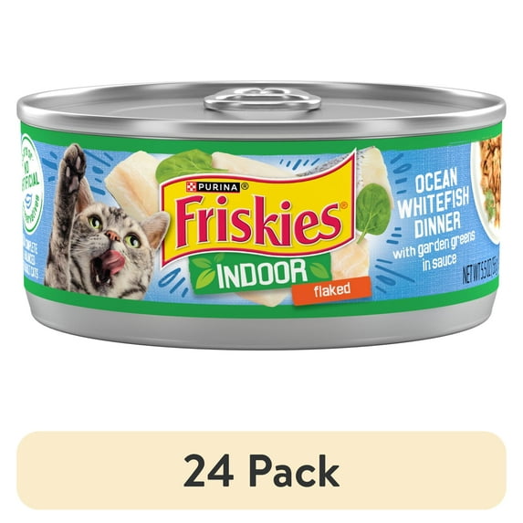 (24 pack) Purina Friskies Indoor, Flaked Ocean Whitefish Dinner, Wet Cat Food, 5.5 oz Can