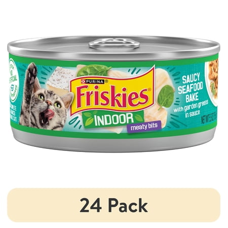 (24 pack) Purina Friskies Indoor, Saucy Seafood Bake, Wet Cat Food, 5.5 oz Can