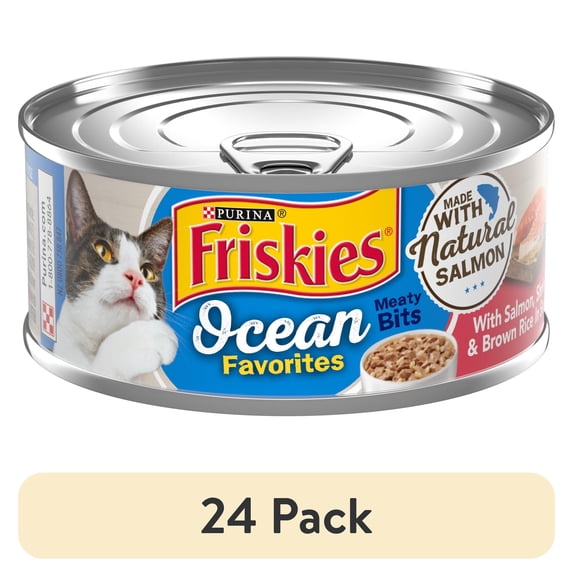(24 pack) Purina Friskies Ocean Favorites Meaty Bits, Salmon, Shrimp & Brown Rice, Wet Cat Food, 5.5 oz Can