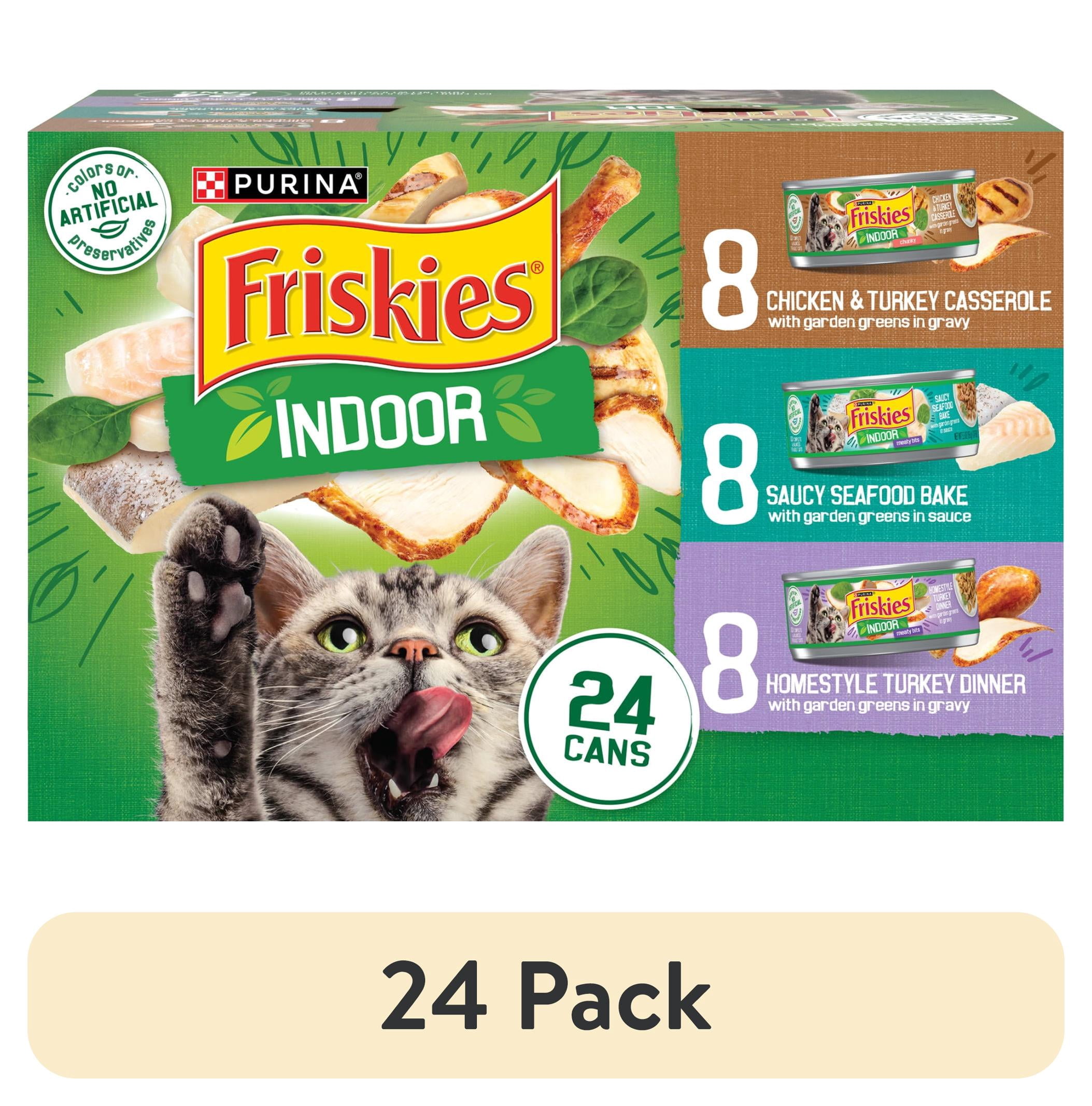 (24 pack) Purina Friskies Indoor Chicken, Seafood, & Turkey Wet Cat Food Variety Pack, 5.5 oz Cans (24 Pack)