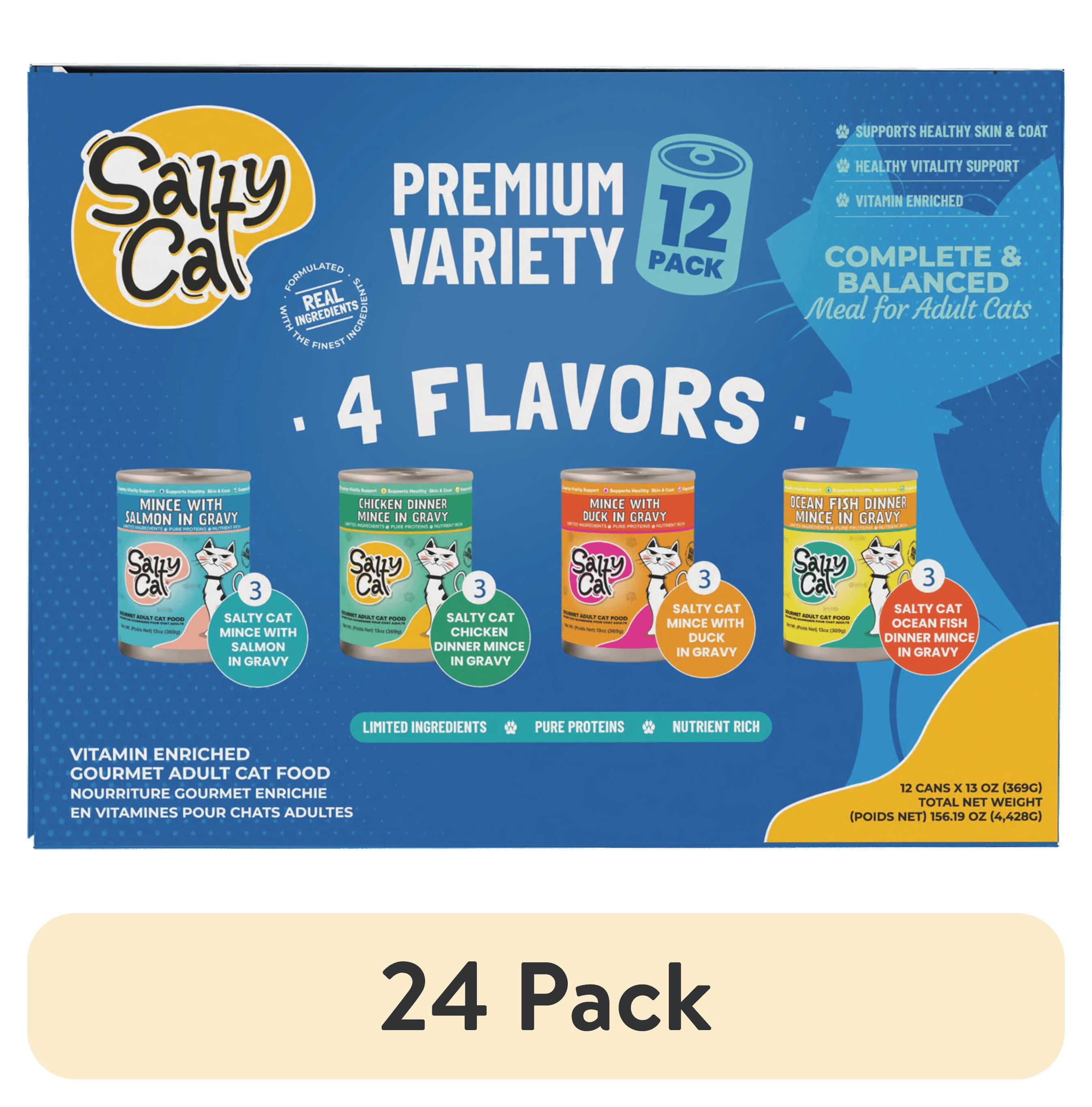 (24 pack) Salty Cat Premium Corn-Free Salmon, Chicken, Duck & Ocean Fish Flavor Mince in Gravy Wet Cat Food Variety Pack, 156 oz (12 Pack)
