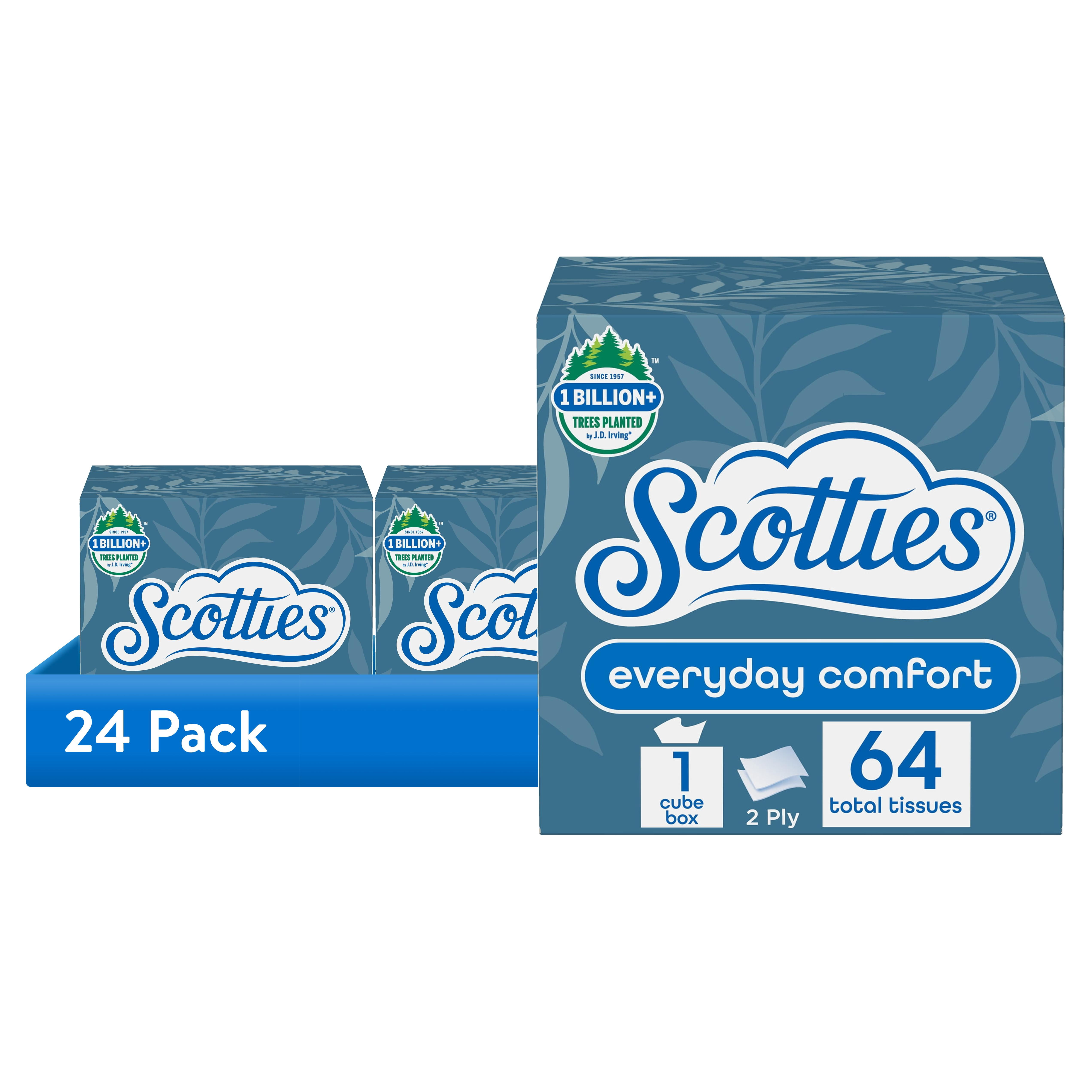 (24 pack) Scotties Everyday Comfort Facial Tissues, 1 Cube Box, 64 Facial Tissues Per Box, 2-Ply