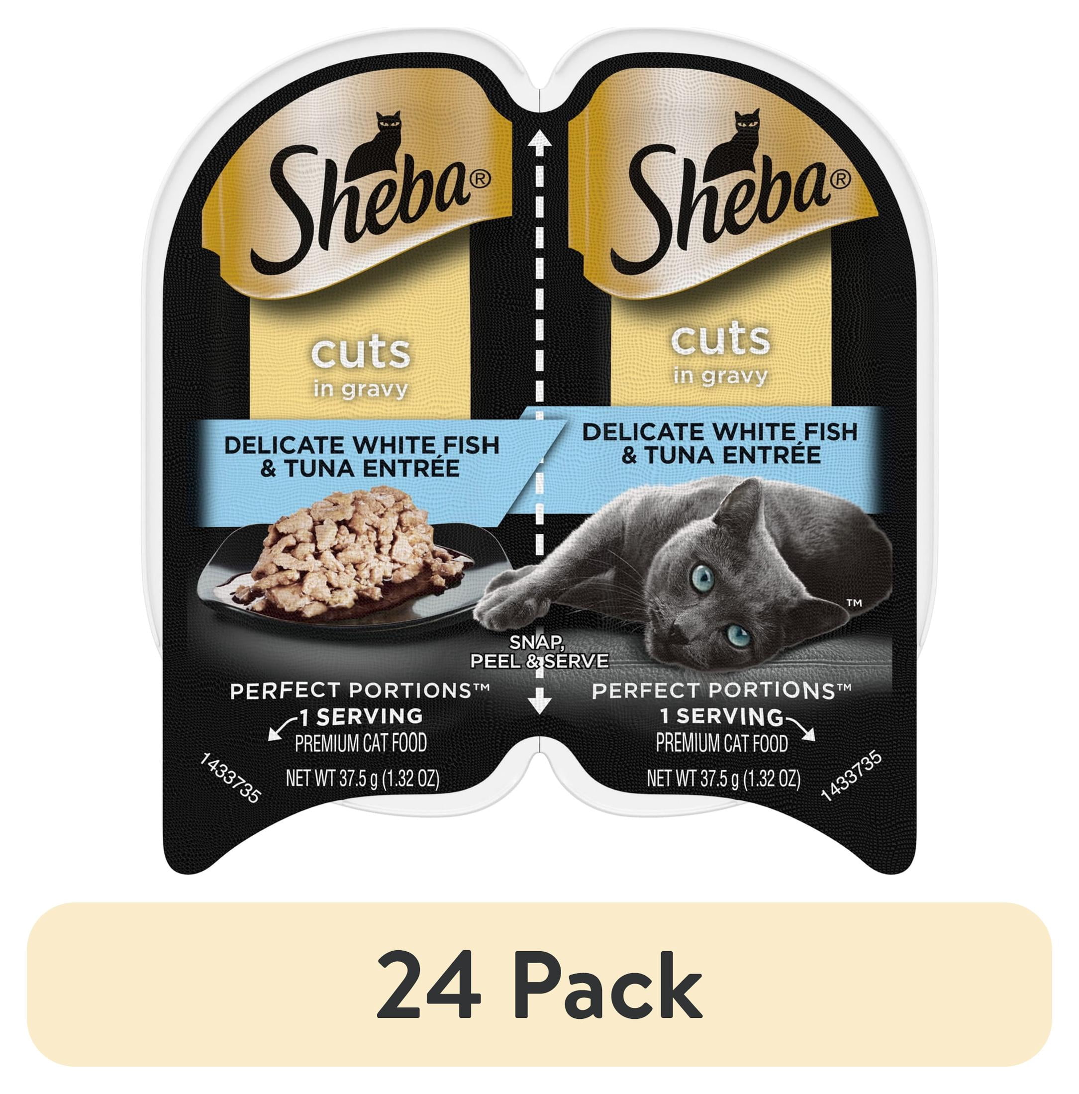 (24 pack) Sheba Wet Cat Food Cuts in Gravy Delicate White Fish & Tuna Entree, 2.6 oz Perfect Portions Twin-Pack Tray