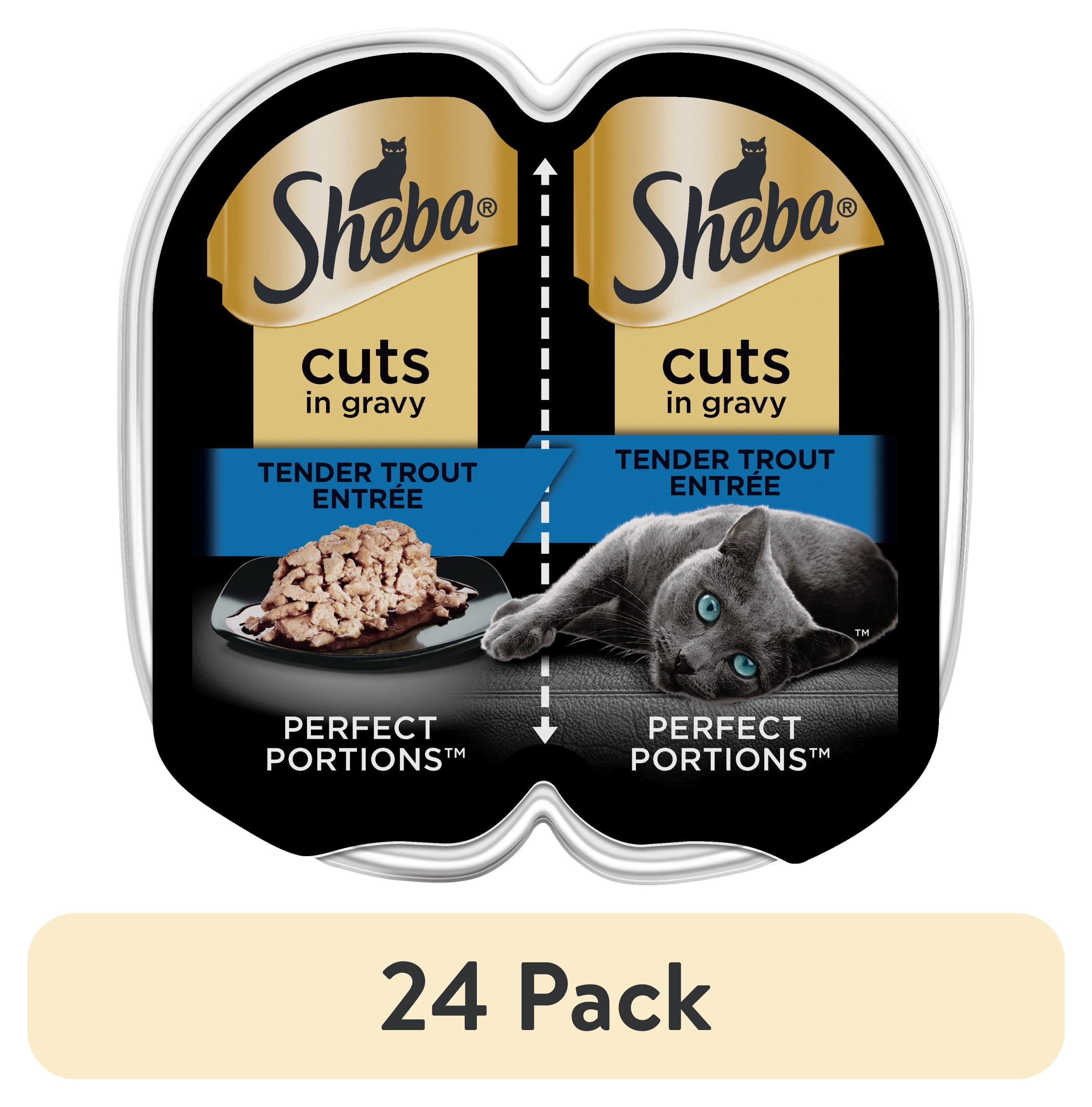 (24 pack) Sheba Wet Cat Food Cuts in Gravy Tender Trout Entree, 2.6 oz Perfect Portions Twin-Pack Tray
