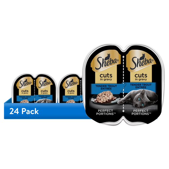 (24 pack) Sheba Wet Cat Food Cuts in Gravy Tender Trout Entree, 2.6 oz Perfect Portions Twin-Pack Tray