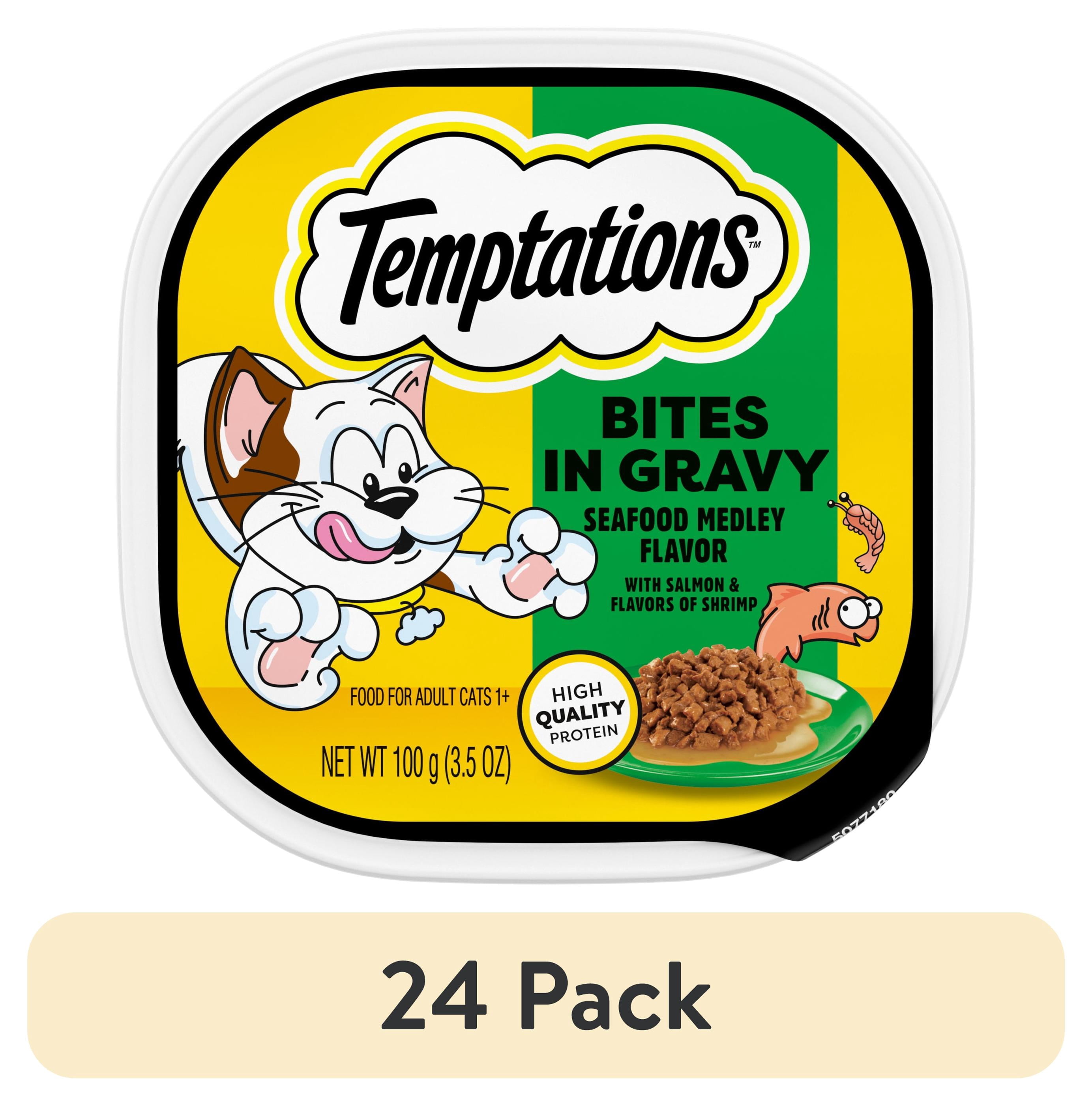 (24 pack) Temptations Seafood Medley Flavor Bites In Gravy Wet Cat Food, 3.5 Oz Tray