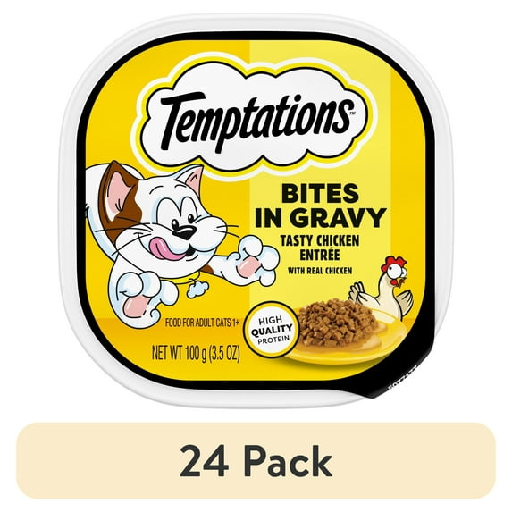 (24 pack) Temptations Tasty Chicken Flavor Bites In Gravy Wet Cat Food For Adult Cats, 3.5 Oz Tray