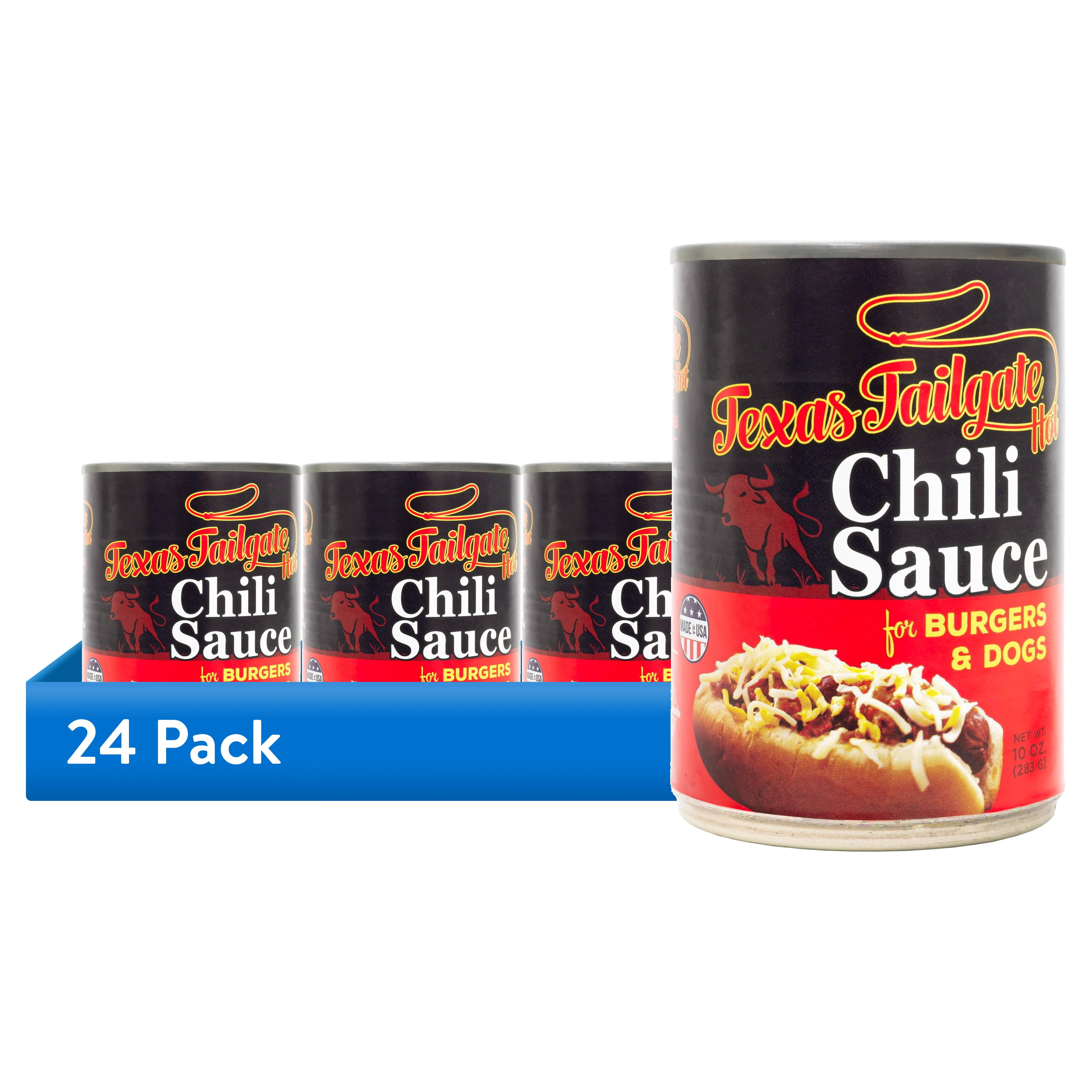 (24 pack) Texas Tailgate Hot Chili Sauce for Burgers & Dogs, 10 oz Can – Tailgate-Ready Topping