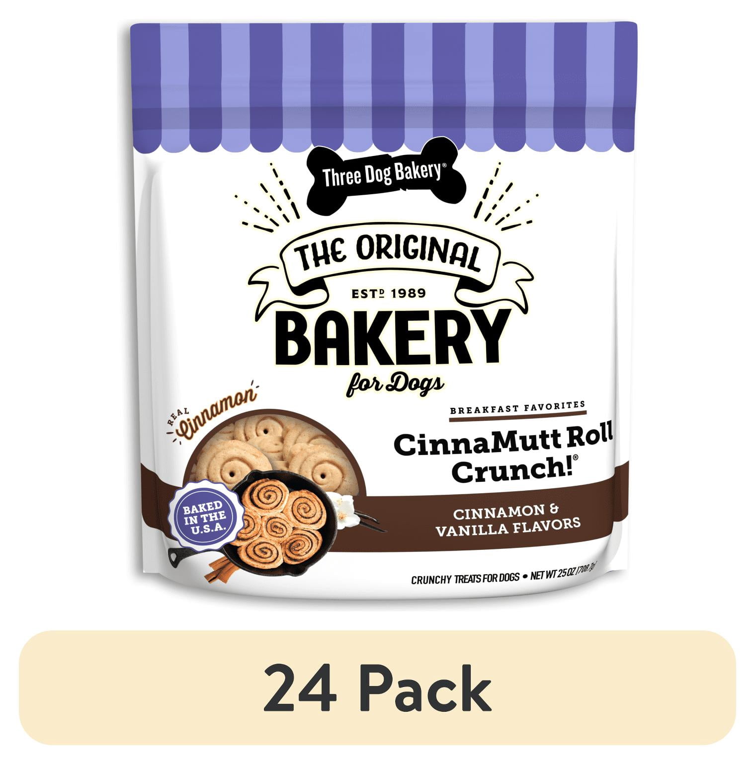 (24 pack) Three Dog Bakery CinnaMutt Roll Crunch, Cinnamon Roll Flavored Crunchy Dog Treat, 25oz