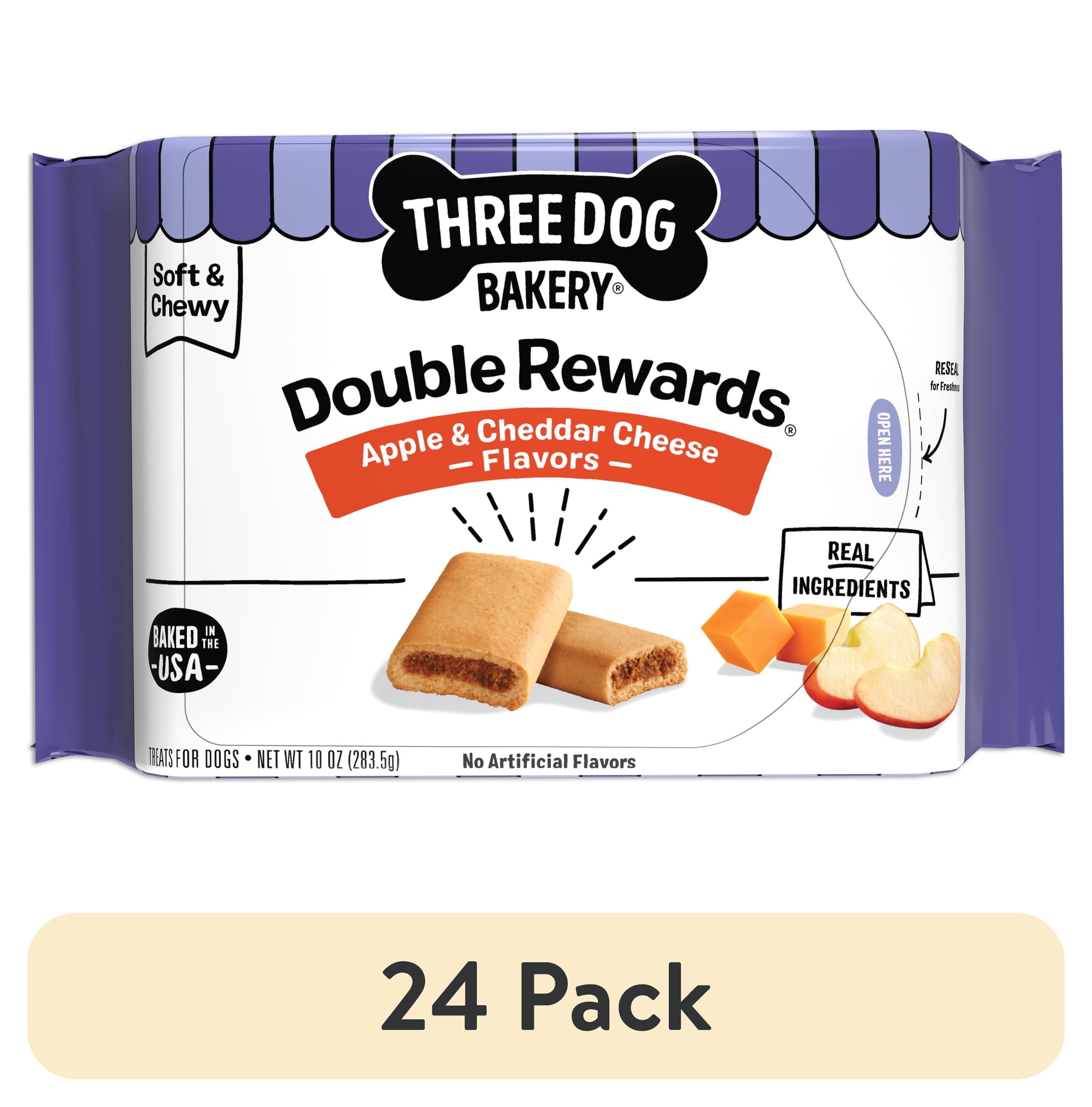 (24 pack) Three Dog Bakery Double Rewards Apple & Cheese Soft & Chewy Treats for Dogs, 10oz
