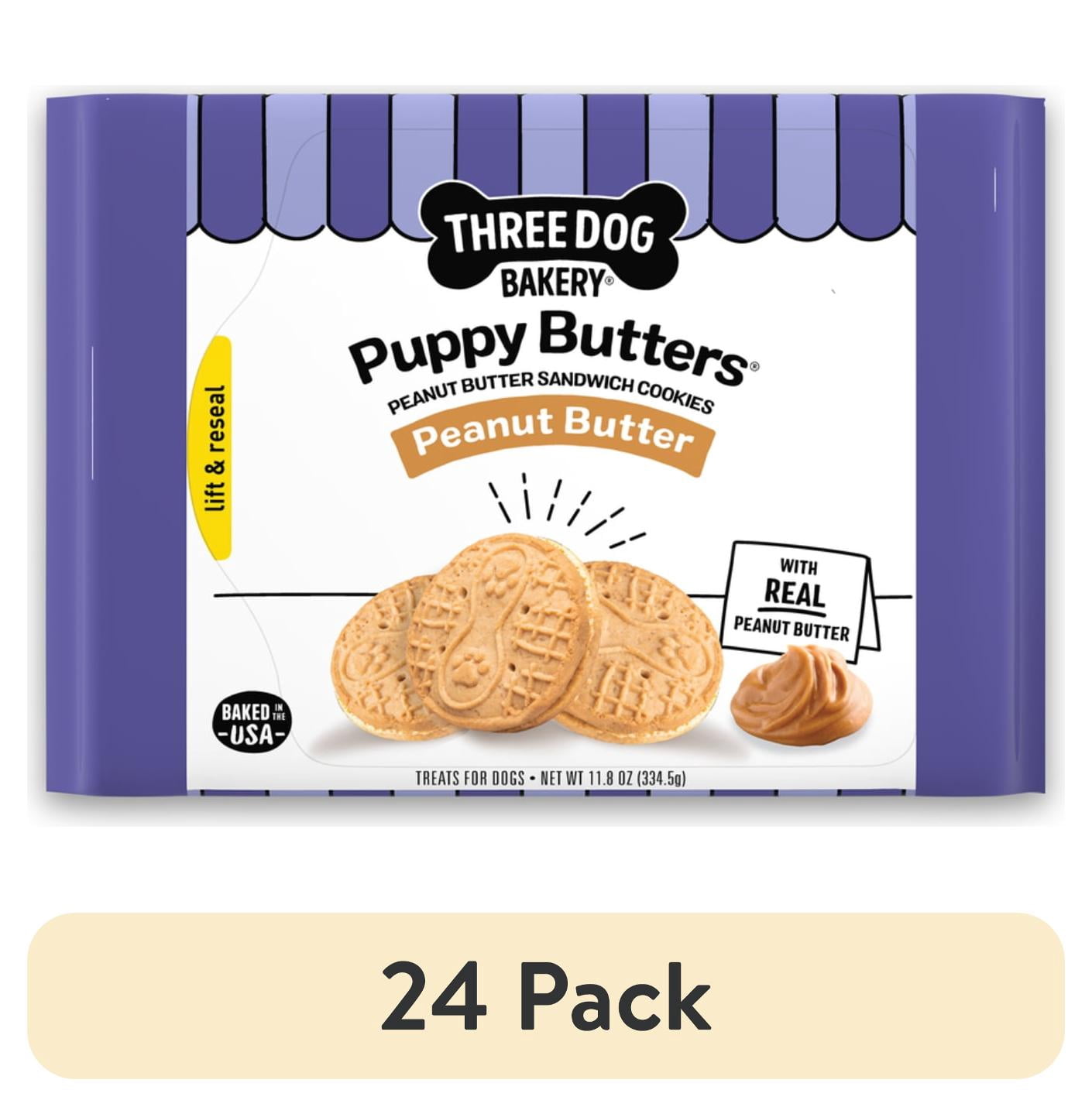(24 pack) Three Dog Bakery Puppy Butters, Crunchy Peanut Butter Dog Sandwich Cookies, 11.8 oz