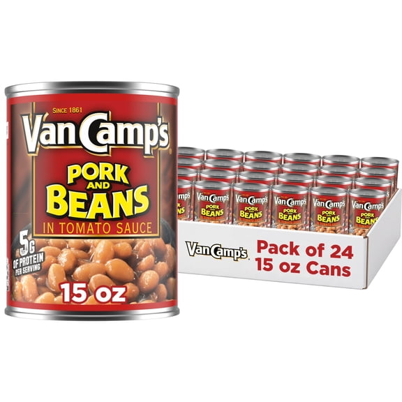 (24 pack) Van Camp's Pork And Beans In Tomato Sauce, 5g Protein Per Serving, Canned Beans, 15 oz. Can