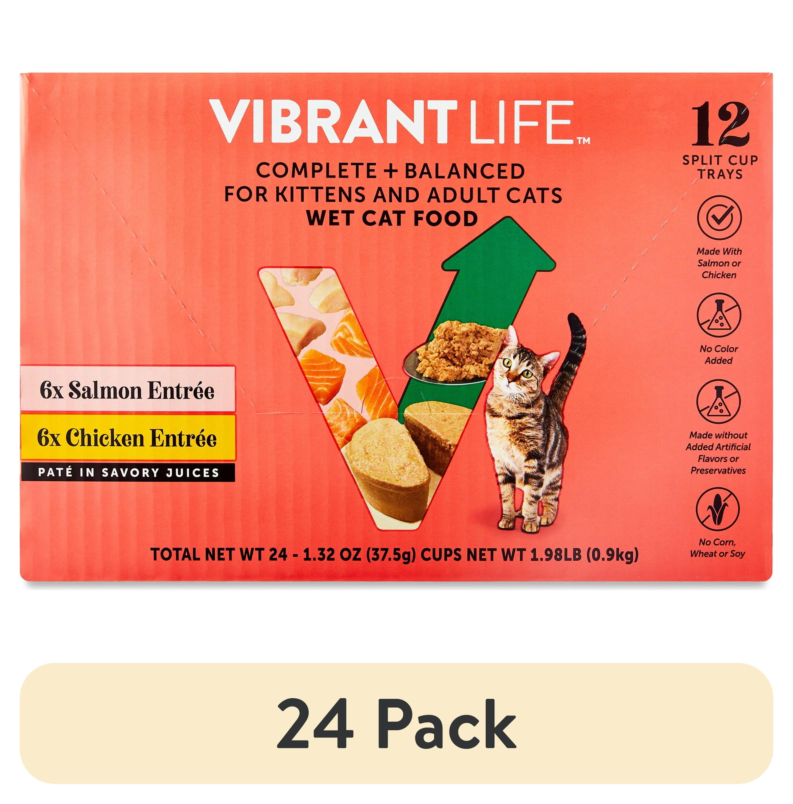 (24 pack) Vibrant Life Wet Cat Food, Salmon & Chicken Pate in Savory Juices, Grain-Free, 2.64 oz Split Trays, 12 Count
