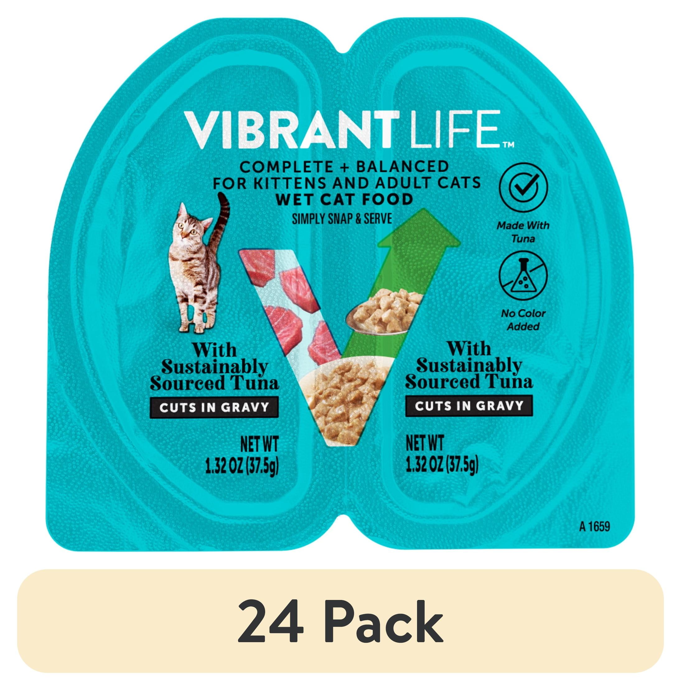 (24 pack) Vibrant Life Tuna Cuts in Gravy Wet Cat Food, Grain-Free, 2.64 oz Split Trays