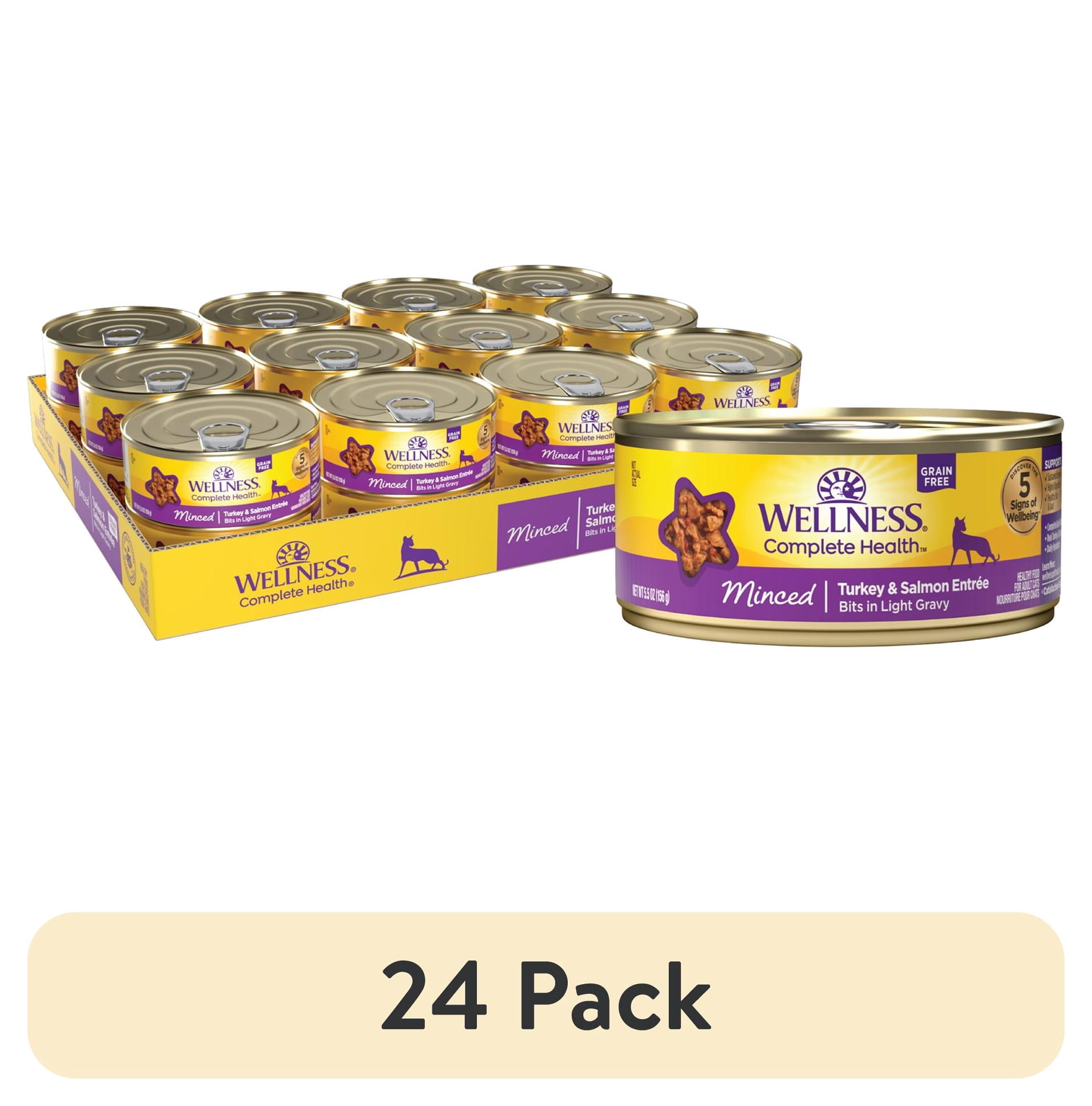 (24 pack) Wellness Complete Health Minced Adult Canned Wet Cat Food, Natural, Protein Rich, Grain Free, Turkey and Salmon Entrée Recipe, 5.5 oz, Pack of 24 Cans
