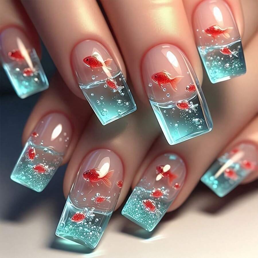 24 pairs of mid-length synthetic nails - featuring fish tank and ...