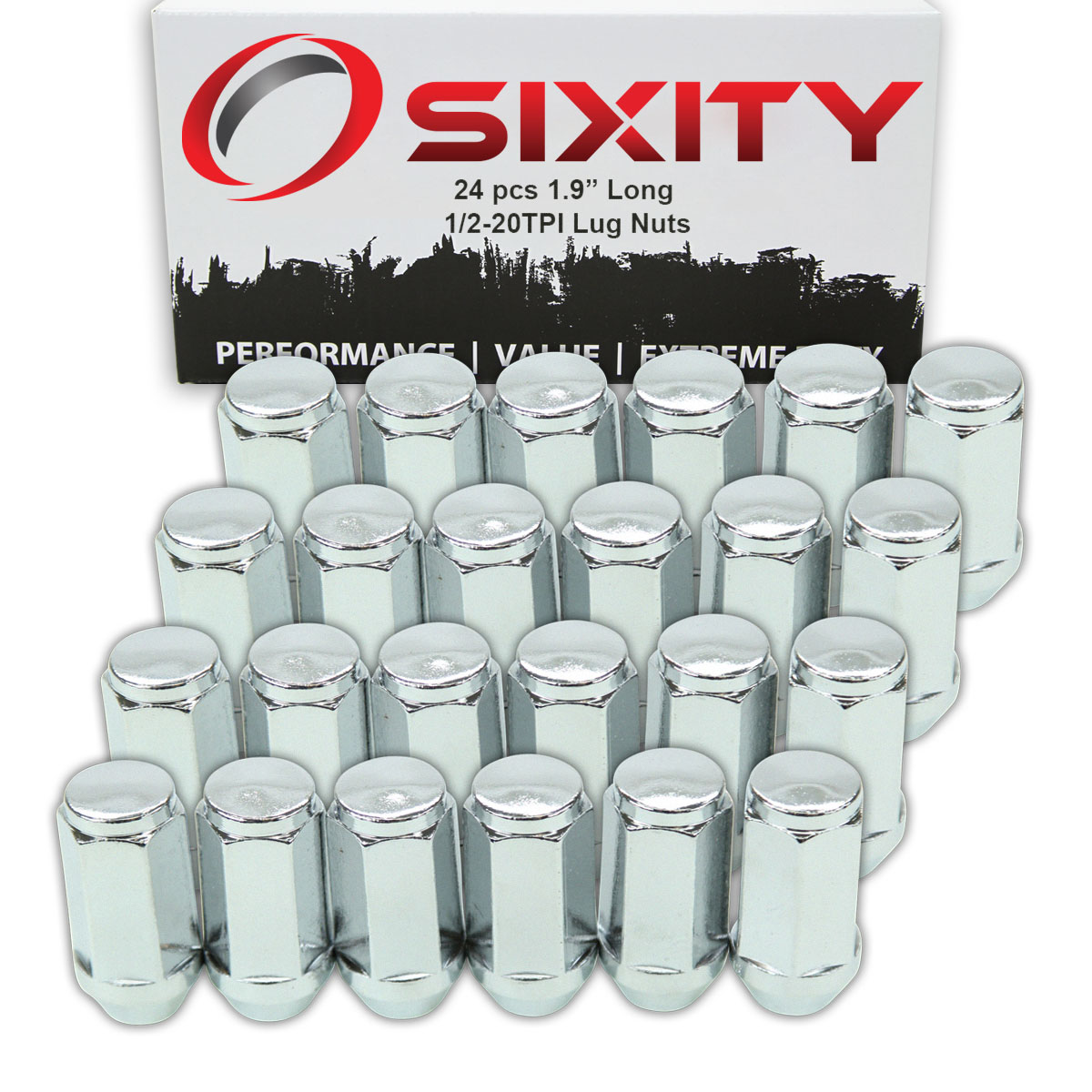 24 pc Sixity Chrome Bulge Acorn Wheel Lug Nuts 1/220TPI 1.9" Long